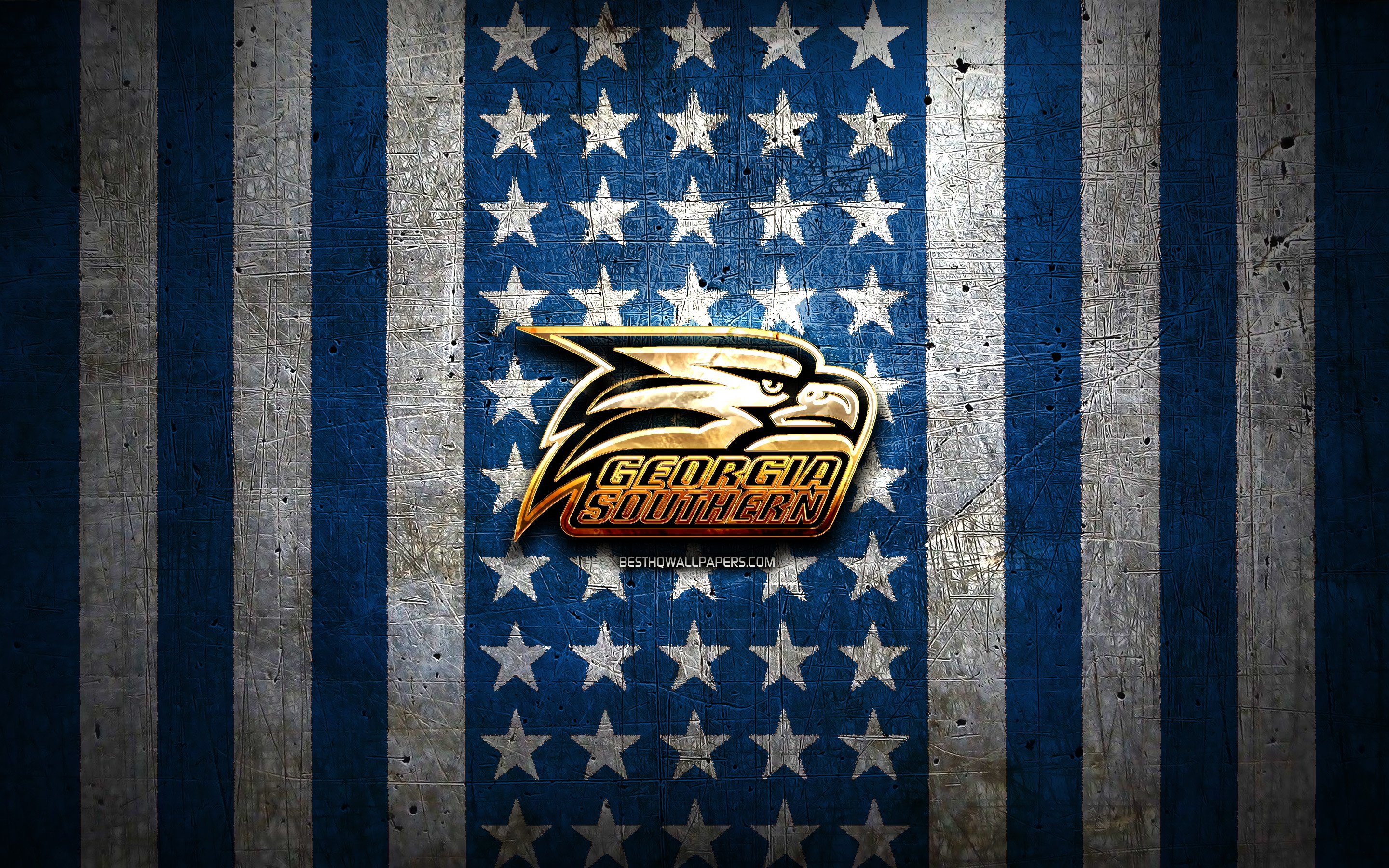 Download wallpaper Georgia Southern Eagles flag, NCAA, blue white metal background, american football team, Georgia Southern Eagles logo, USA, american football, golden logo, Georgia Southern Eagles for desktop with resolution 2880x1800. High