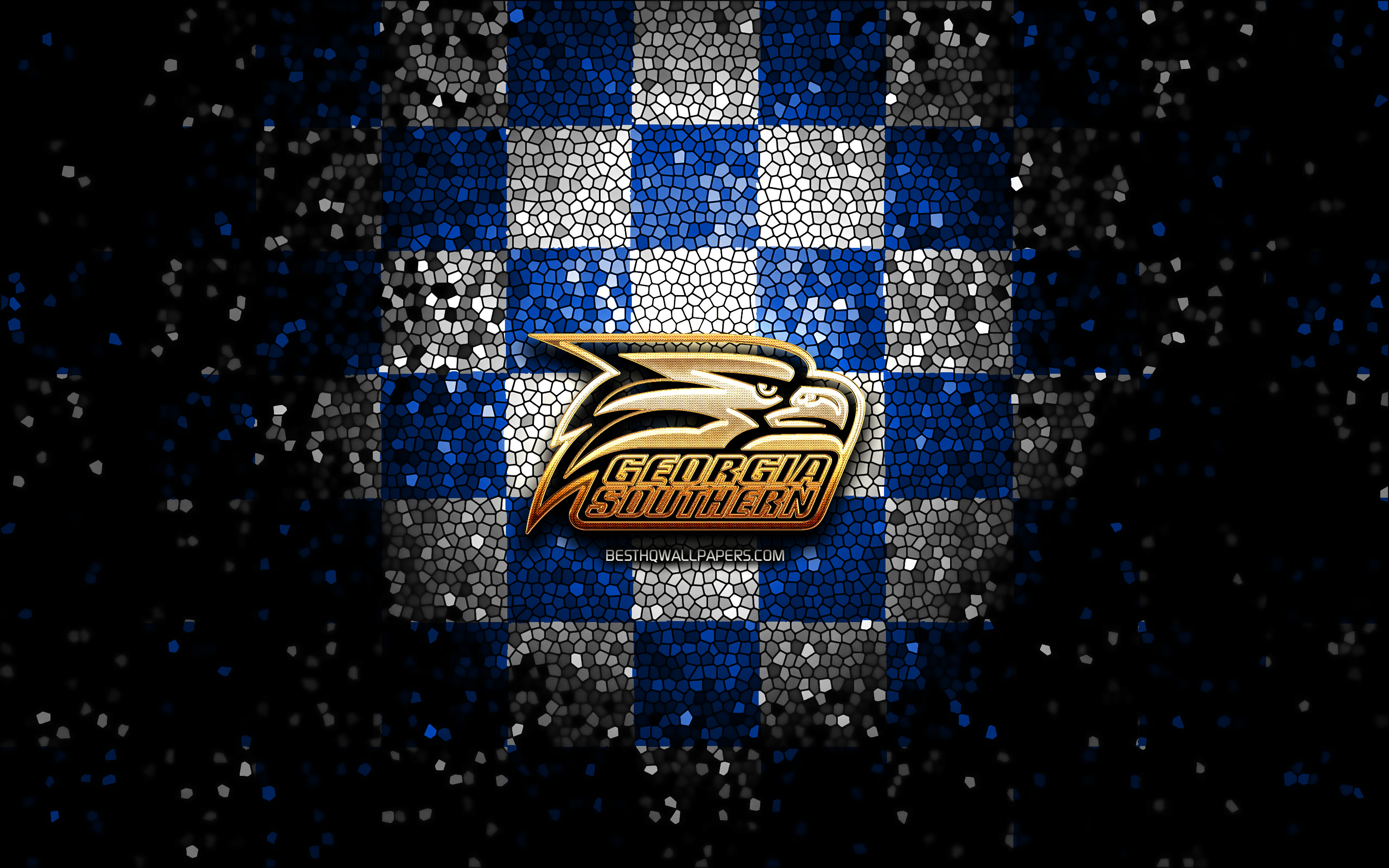 Download wallpaper Georgia Southern Eagles, glitter logo, NCAA, blue white checkered background, USA, american football team, Georgia Southern Eagles logo, mosaic art, american football, America for desktop with resolution 2880x1800. High Quality