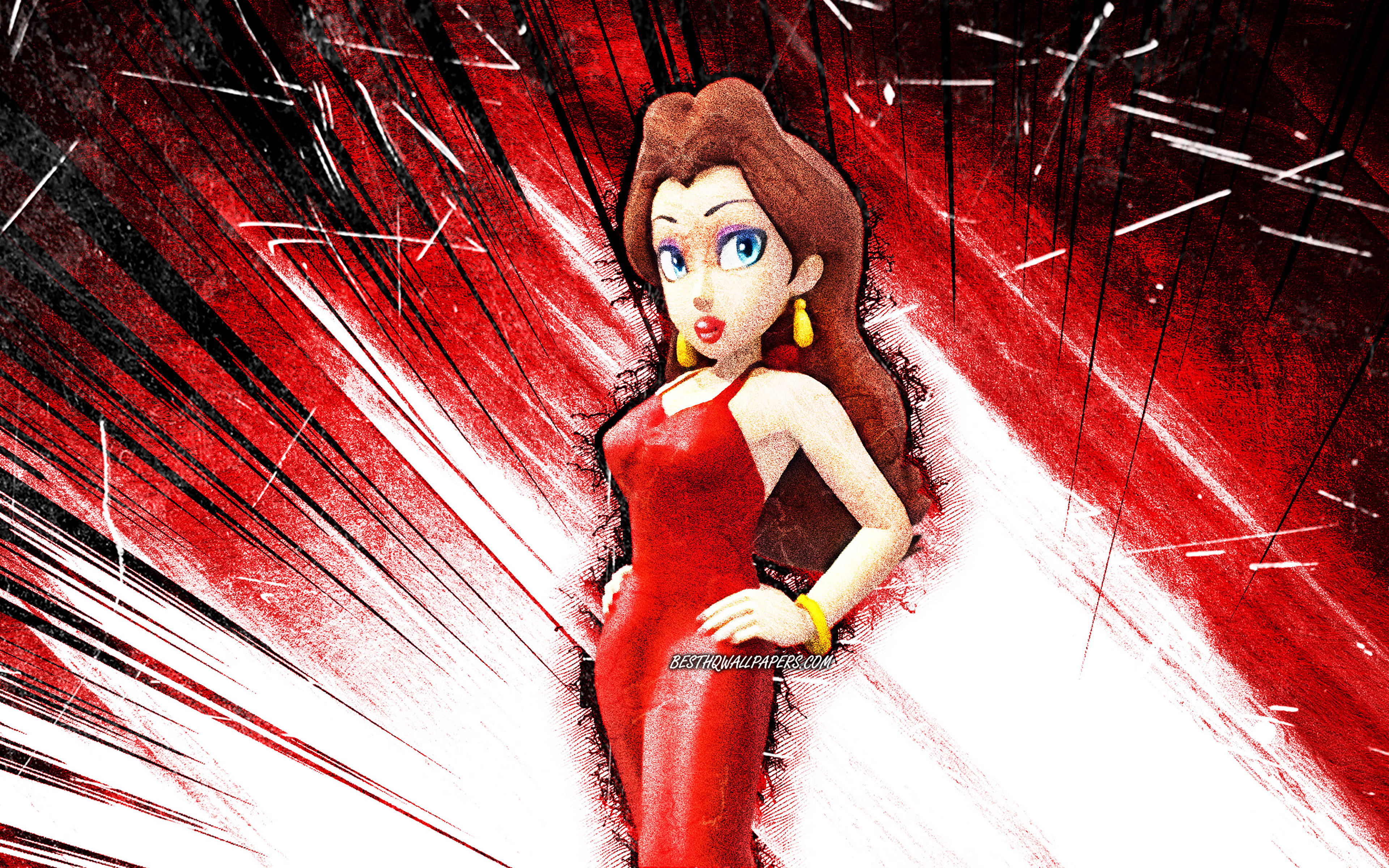 Download wallpaper 4k, Pauline, grunge art, Lady or the Beautiful, Super Mario, red abstract rays, Super Mario characters, Super Mario Bros, Pauline Super Mario for desktop with resolution 3840x2400. High Quality HD