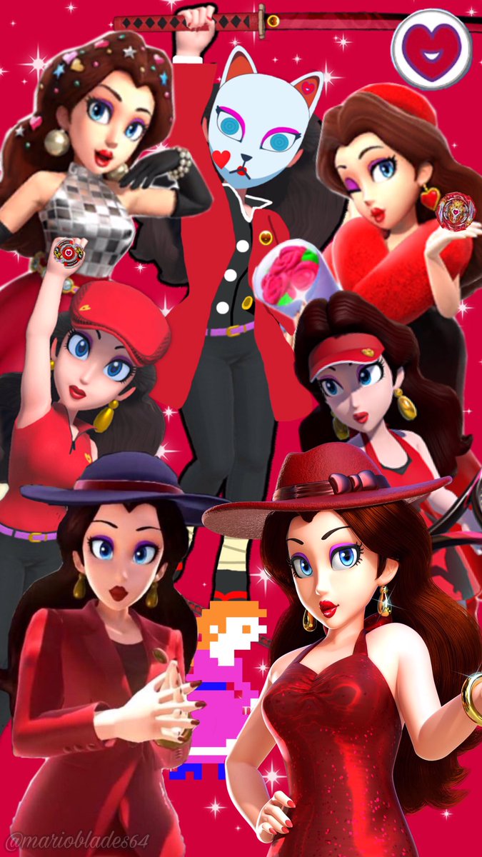 Jared Cruz's tweet wallpaper right now with all the Pauline outfits (yes, I also included the demon slayer version I made) (I also included both Beyblades she owns both Bakuten