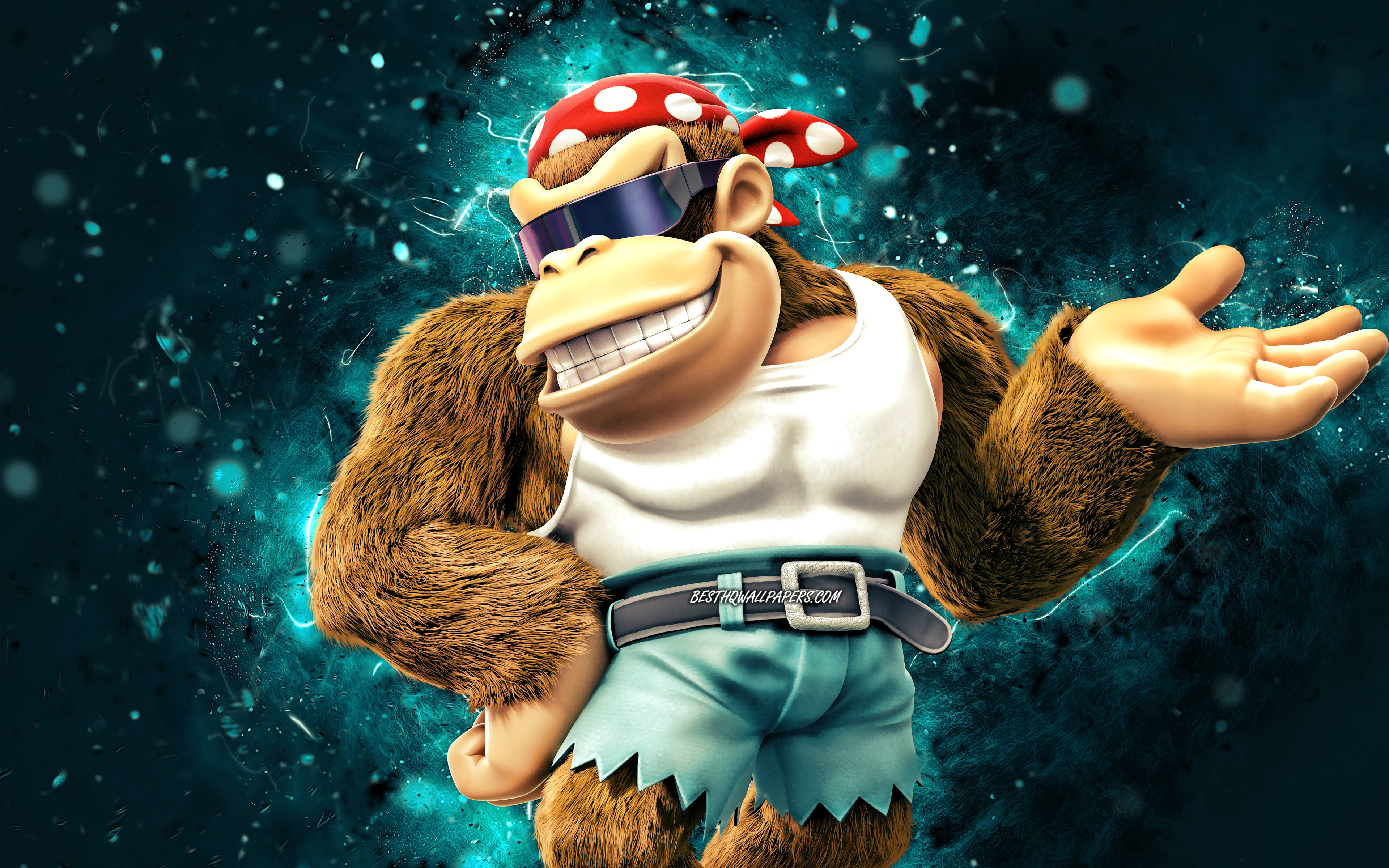 Download wallpaper Funky Kong, 4k, cartoon monkey, blue neon lights, Super Mario, creative, Super Mario characters, Super Mario Bros, Funky Kong Super Mario for desktop with resolution 3840x2400. High Quality HD picture