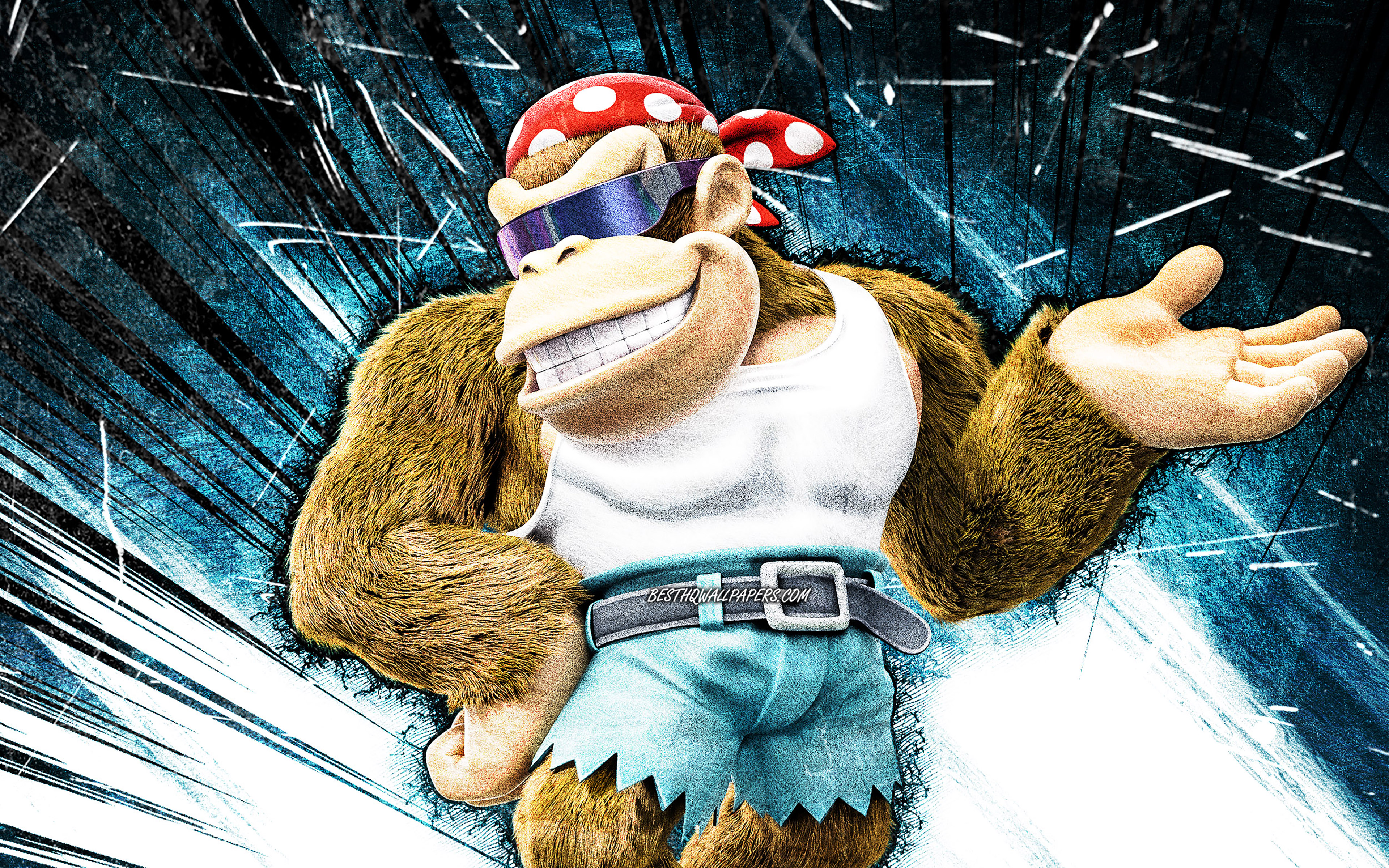 Download wallpaper 4k, Funky Kong, grunge art, Super Mario, creative, Super Mario characters, Super Mario Bros, blue abstract rays, Funky Kong Super Mario for desktop with resolution 3840x2400. High Quality HD picture