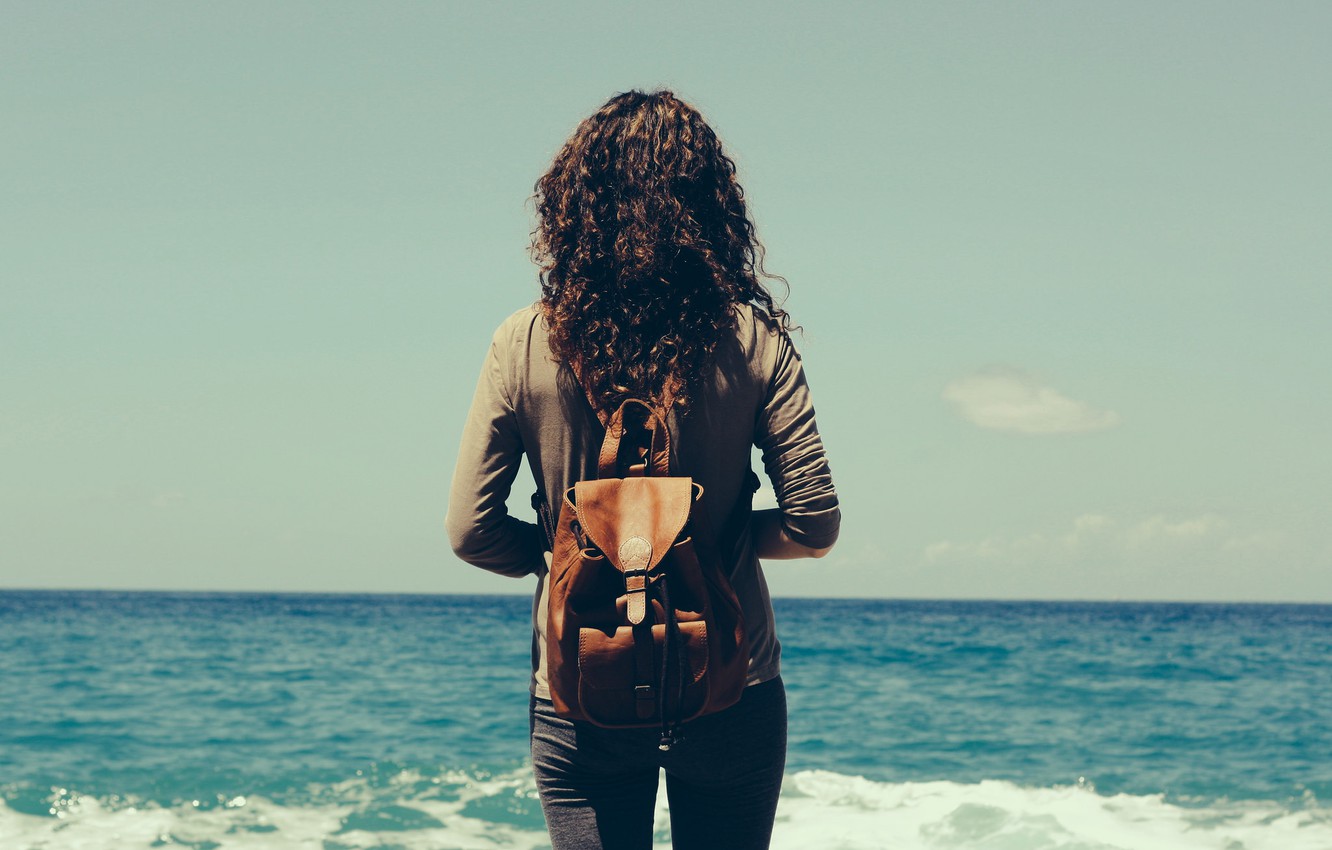 Wallpaper waves, girl, summer, vintage, sea, mood, seaside, sunny, backpack image for desktop, section настроения