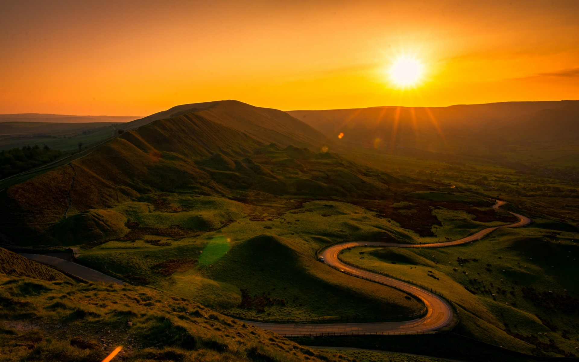 Download wallpaper Derbyshire, Peak District, sunset, green hills, sun, road, England for desktop with resolution 1920x1200. High Quality HD picture wallpaper
