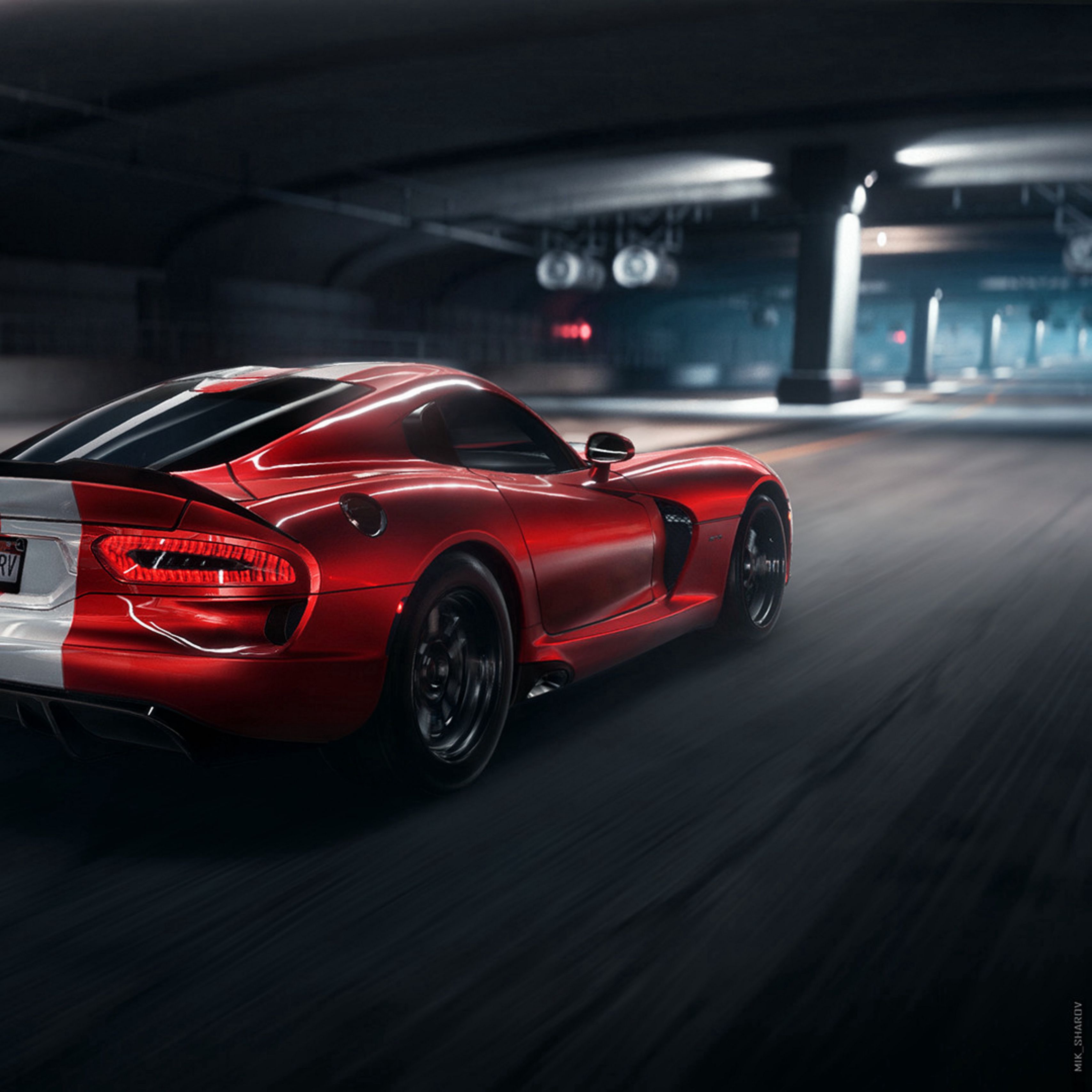 Download wallpaper 3415x3415 dodge viper srt, dodge, sportscar, red, side view, night, tunnel, asphalt ipad pro 12.9 retina for parallax HD background
