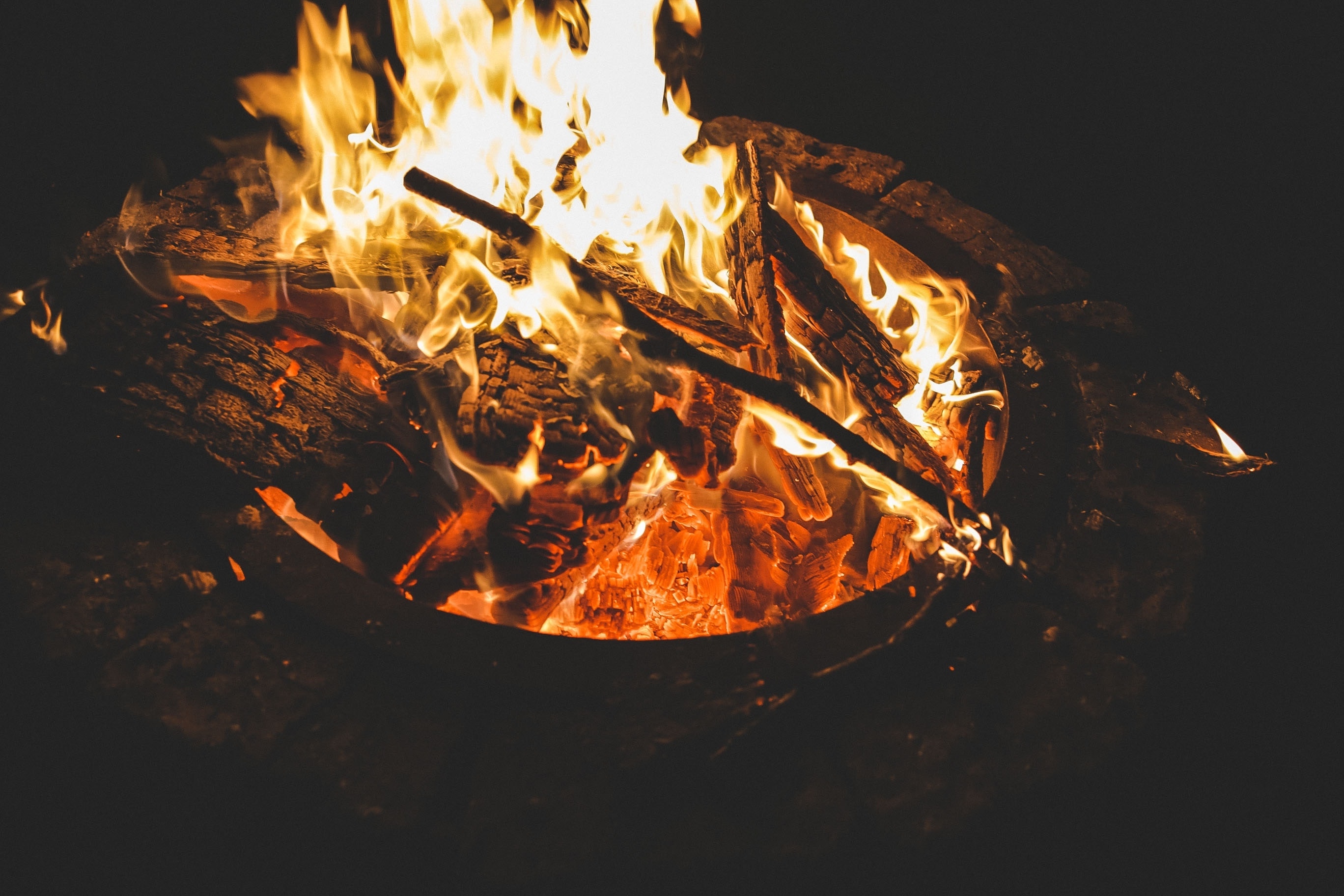 Wallpaper Flames, Firepit, Wood, Night, Warm, Ashes:2736x1824