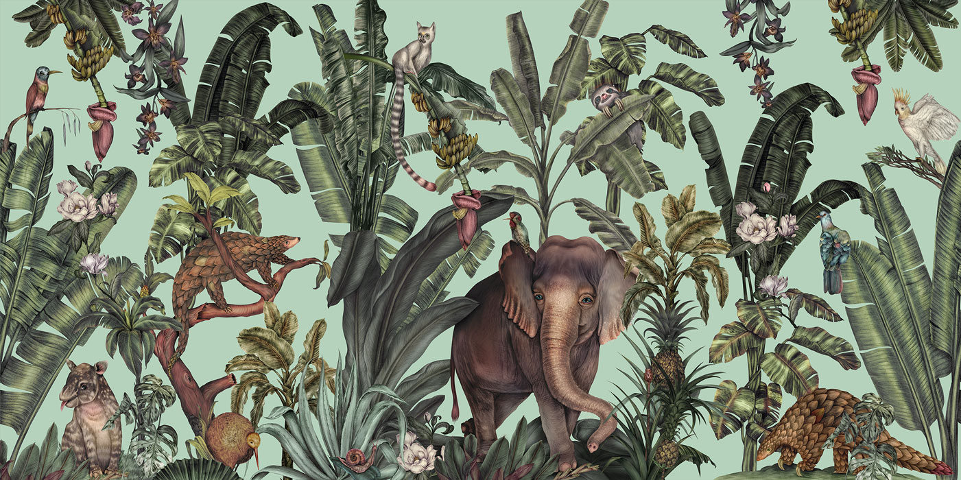 Teal & Green Tropical Elephant Wallpaper Mural