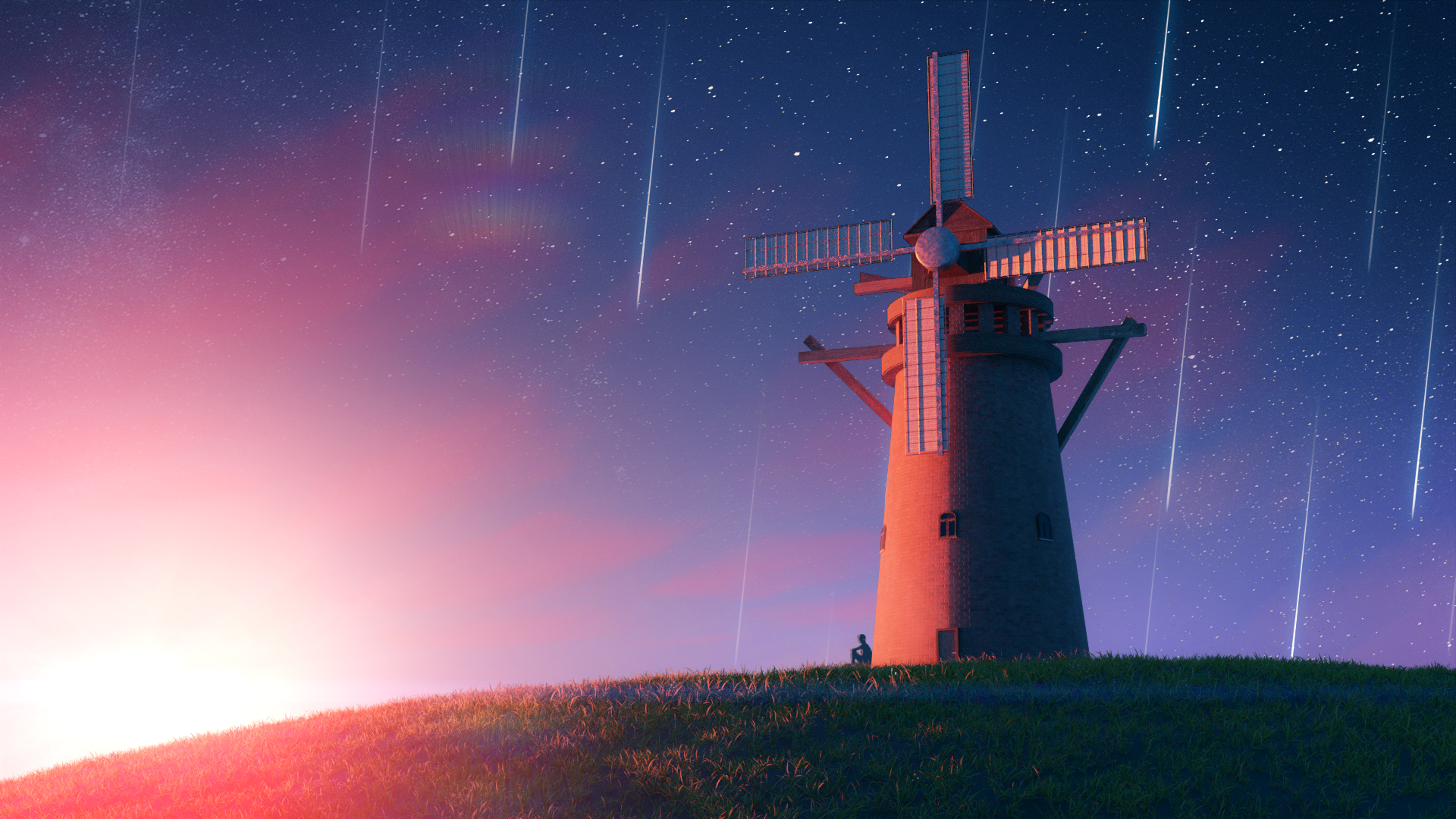 Anime Styled Evening Windmill Scene HD Wallpaper