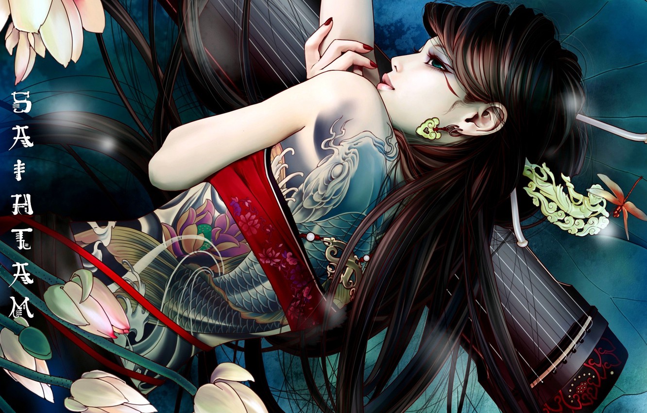 Wallpaper Flowers, Girl, Asian, Tattoo, Characters image for desktop, section прочее