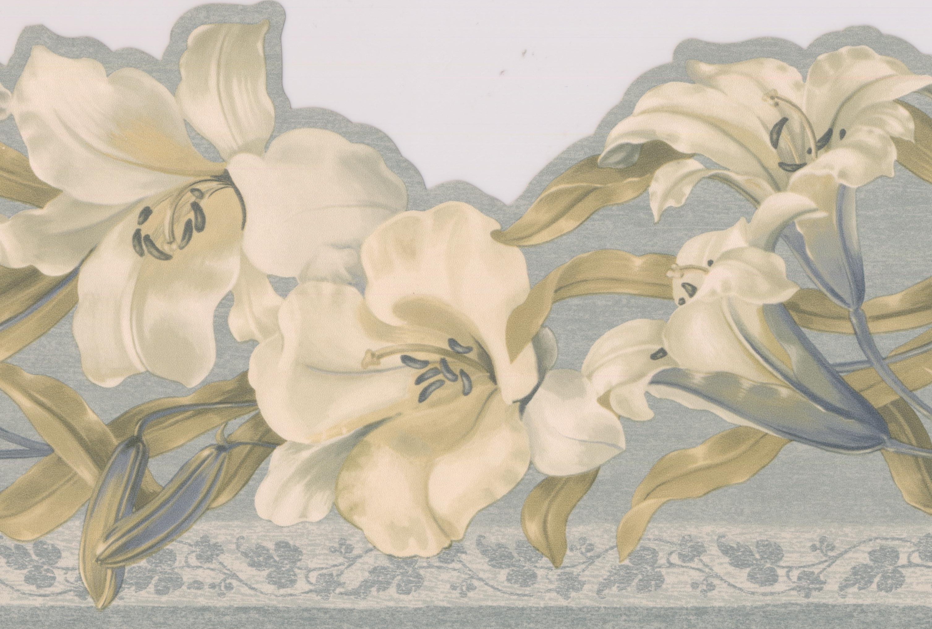 Bloomed White Creme Lily Flowers Floral Wallpaper Border