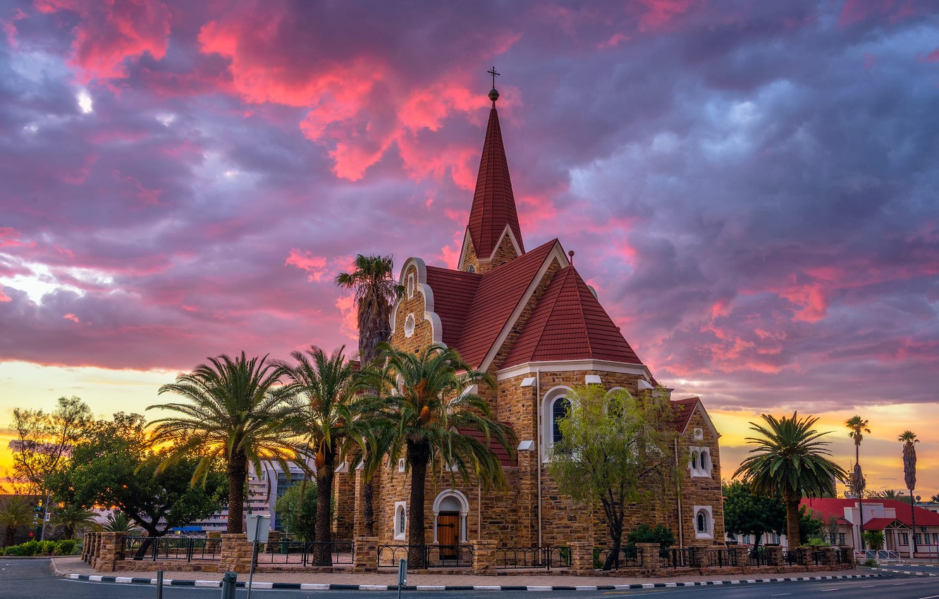 Wallpaper road, sunset, clouds, the city, palm trees, the evening, Church, architecture, Namibia, capital, Windhoek image for desktop, section город