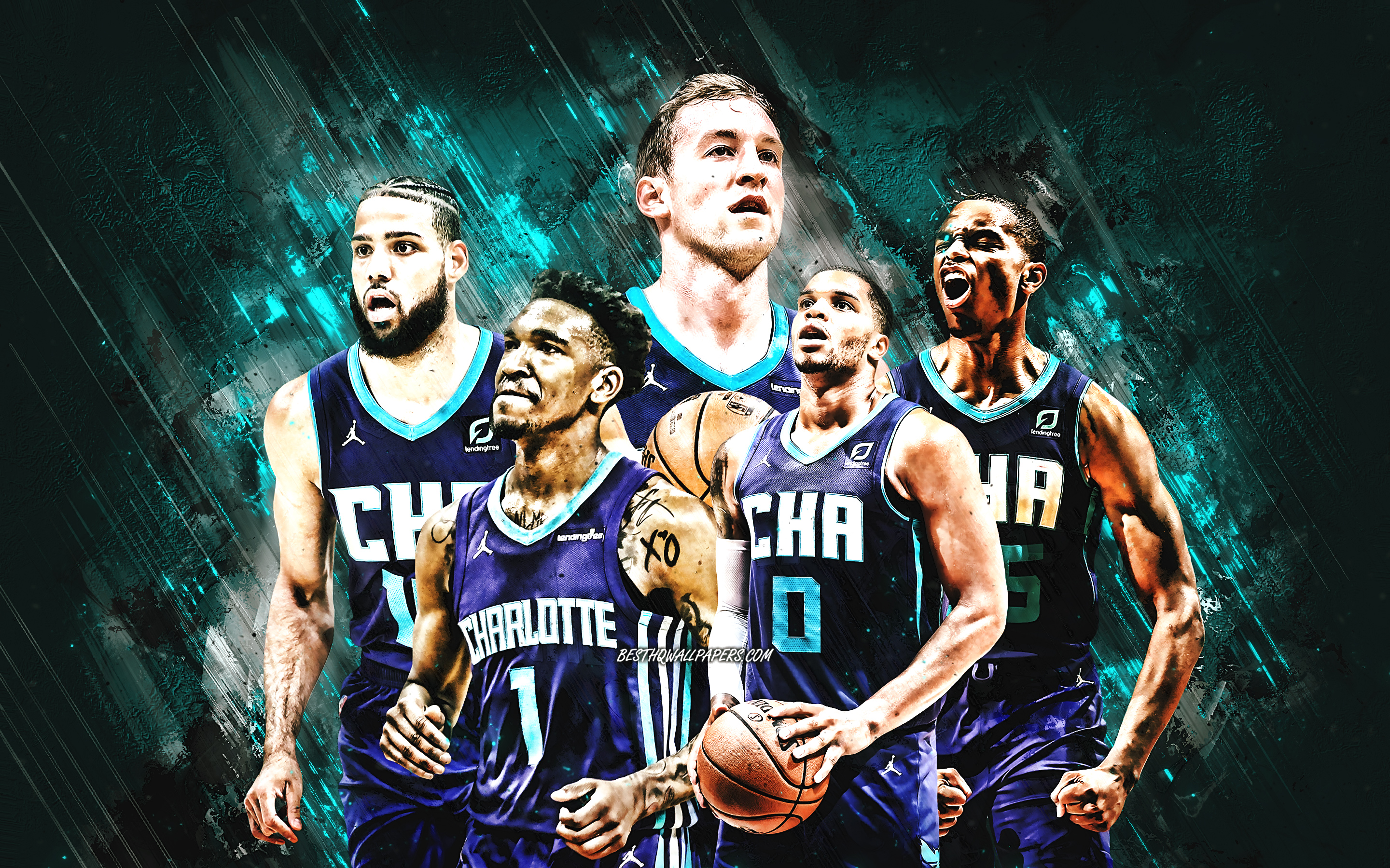 Download wallpaper Charlotte Hornets, American basketball team, NBA, purple stone background, basketball, USA, LaMelo Ball, Gordon Hayward, Malik Monk for desktop with resolution 2880x1800. High Quality HD picture wallpaper
