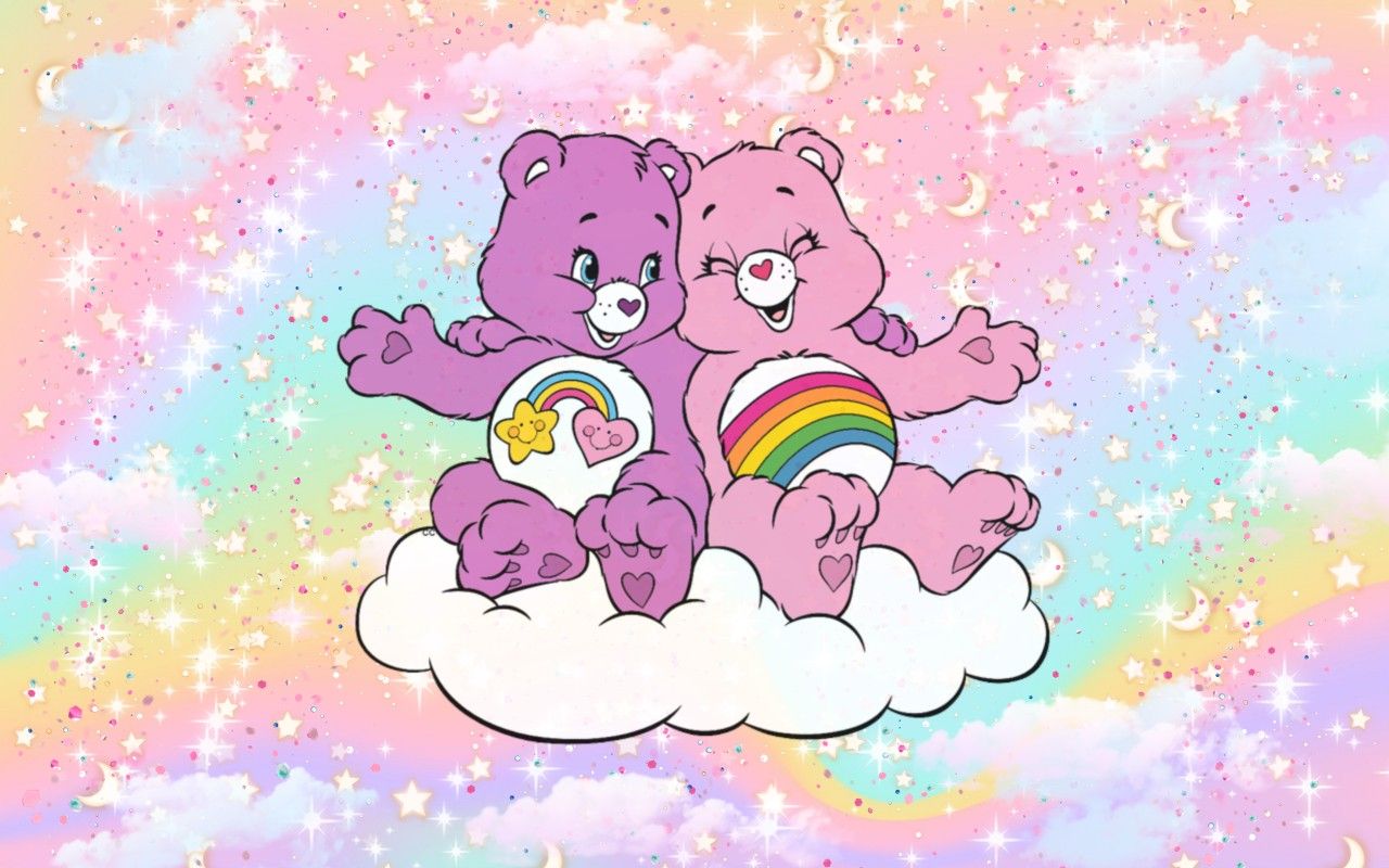 Cute Care bear pink and purple bear aesthetic desktop wallpaper. วอลเปเปอร์น่ารัก, วอลล์เปเปอร์ ipad, วอลเปเปอร์