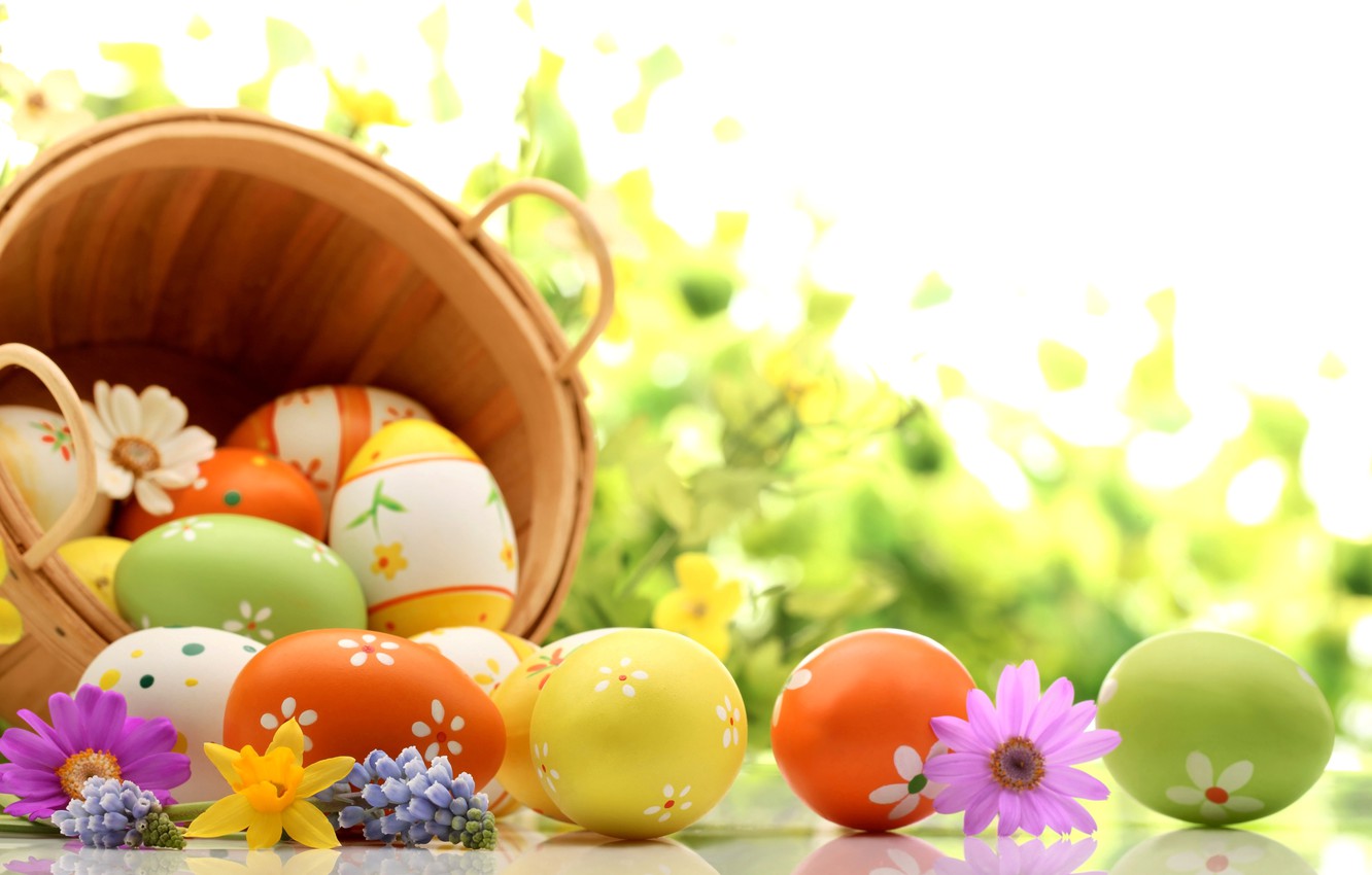 Wallpaper flowers, holiday, basket, eggs, spring, Easter, lavender, daffodils, Easter, kosmeya, Easter image for desktop, section праздники