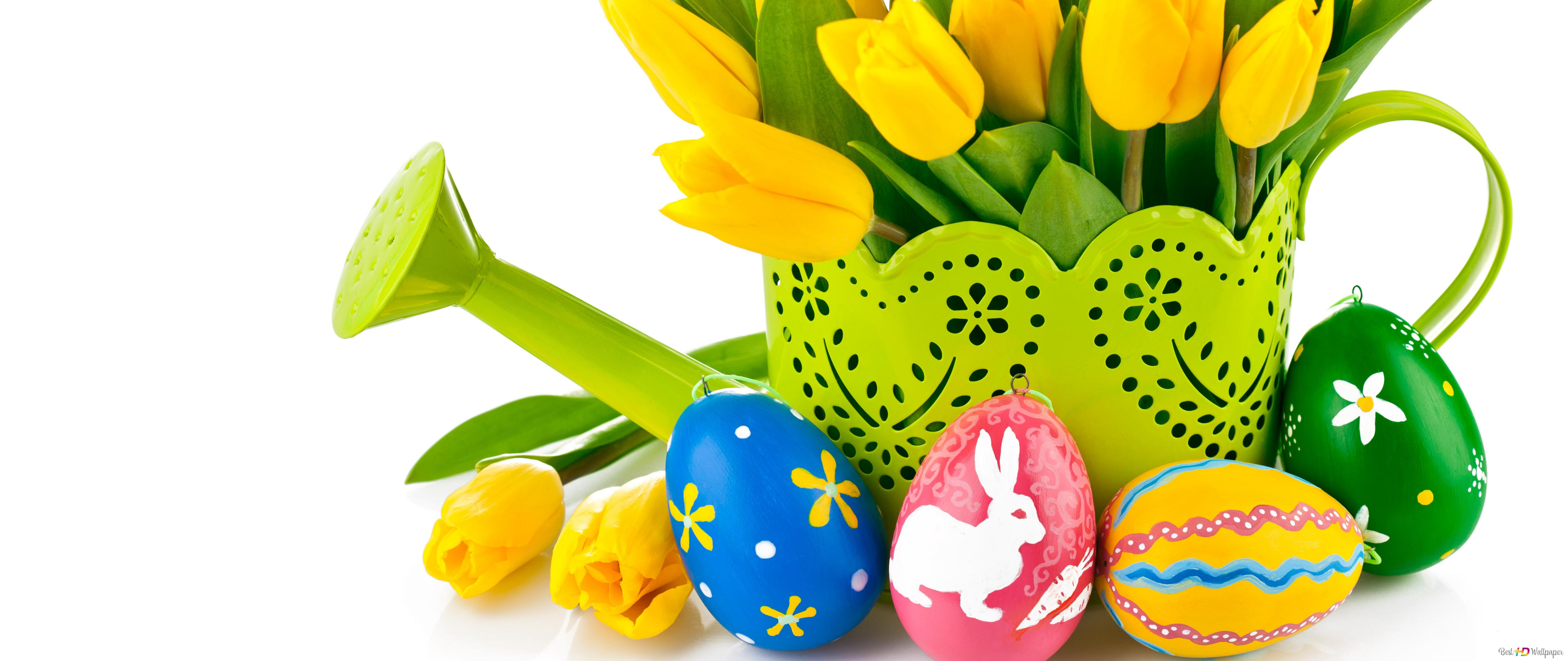 Yellow Tulips in a green water bucket and cute Easter eggs HD wallpaper download