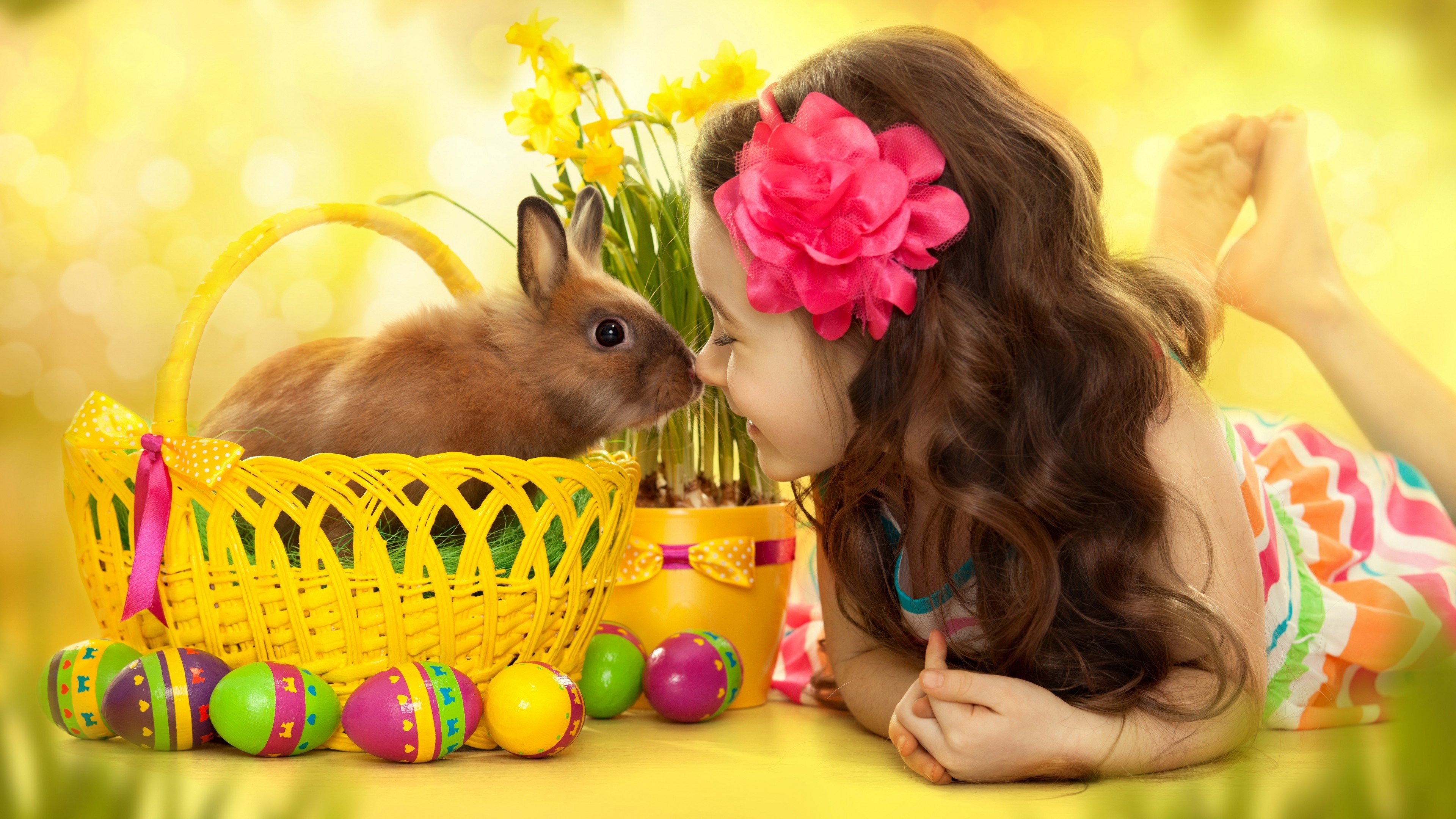 children, Baskets, Eggs, Flower in hair, Barefoot, Rabbits, Daffodils, Easter HD Wallpaper / Desktop and Mobile Image & Photo