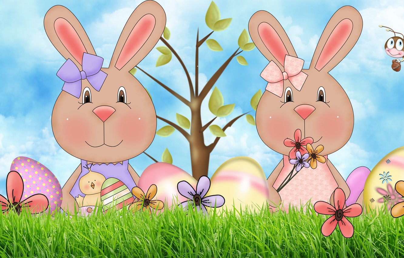Wallpaper tree, egg, art, Easter, bee, Bunny, bow, chicken, flower, Easter Bunny image for desktop, section праздники