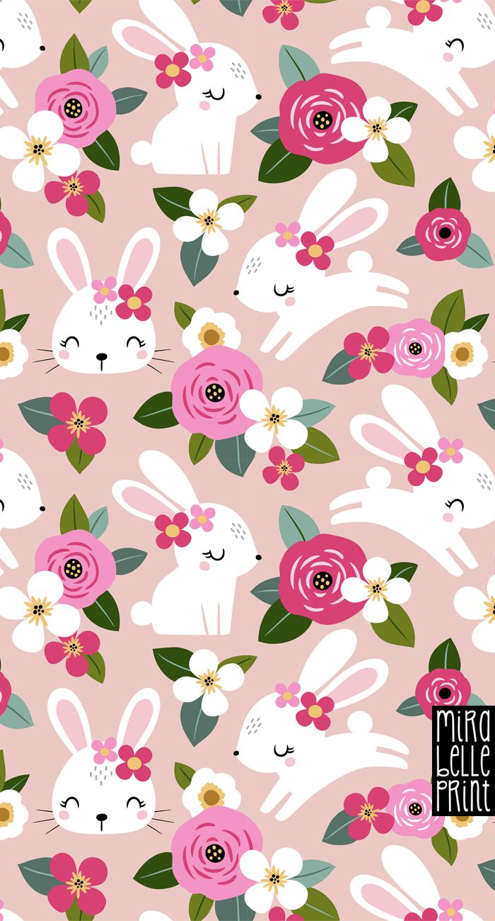 Colorful fabrics digitally printed by Spoonflower Bunny / Blush. Flower phone wallpaper, Easter wallpaper, iPhone wallpaper