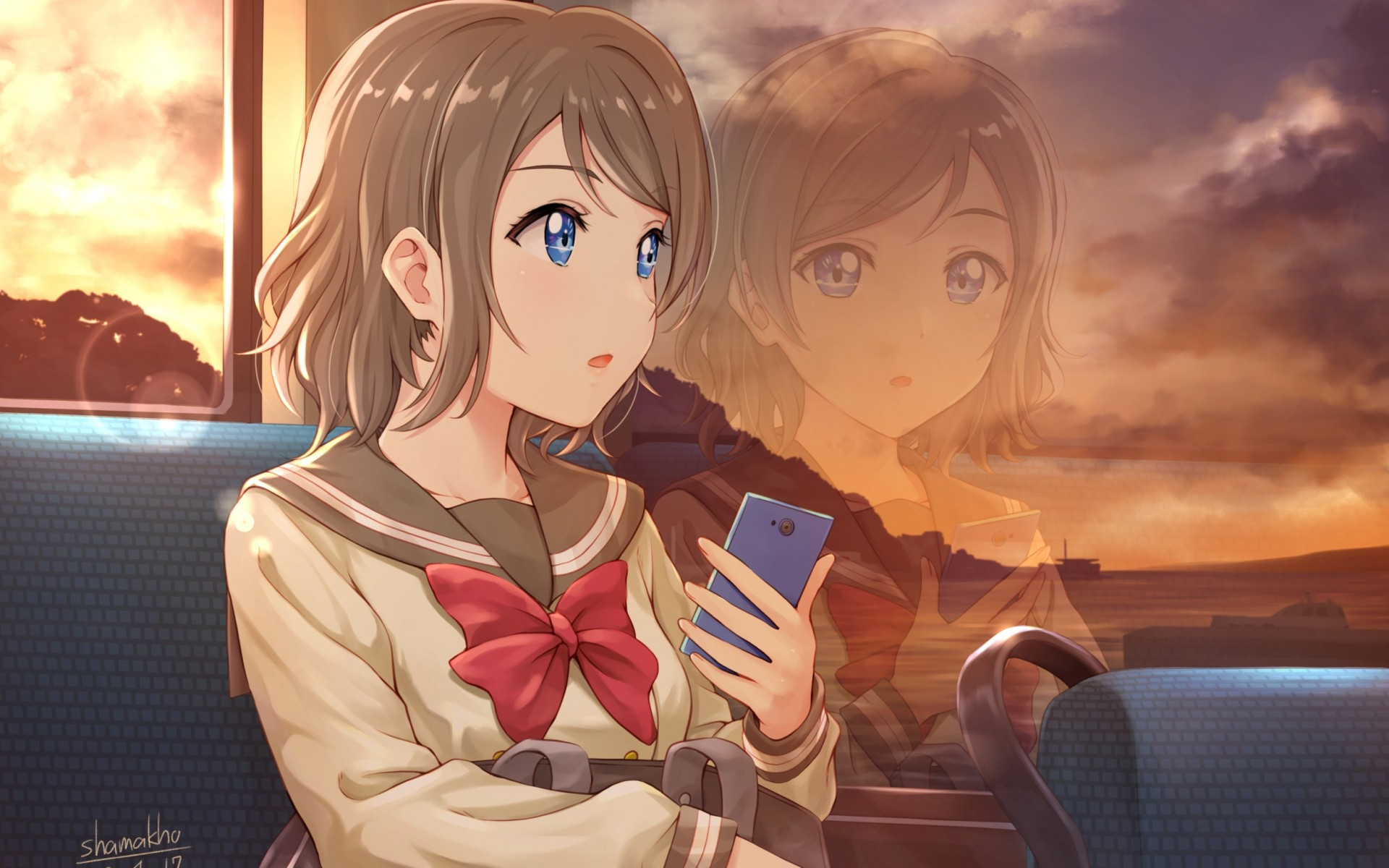 Download 1920x1200 Watanabe You, Blue Eyes, Trip, Sunset, Love Live Sunshine, Reflection Wallpaper for MacBook Pro 17 inch