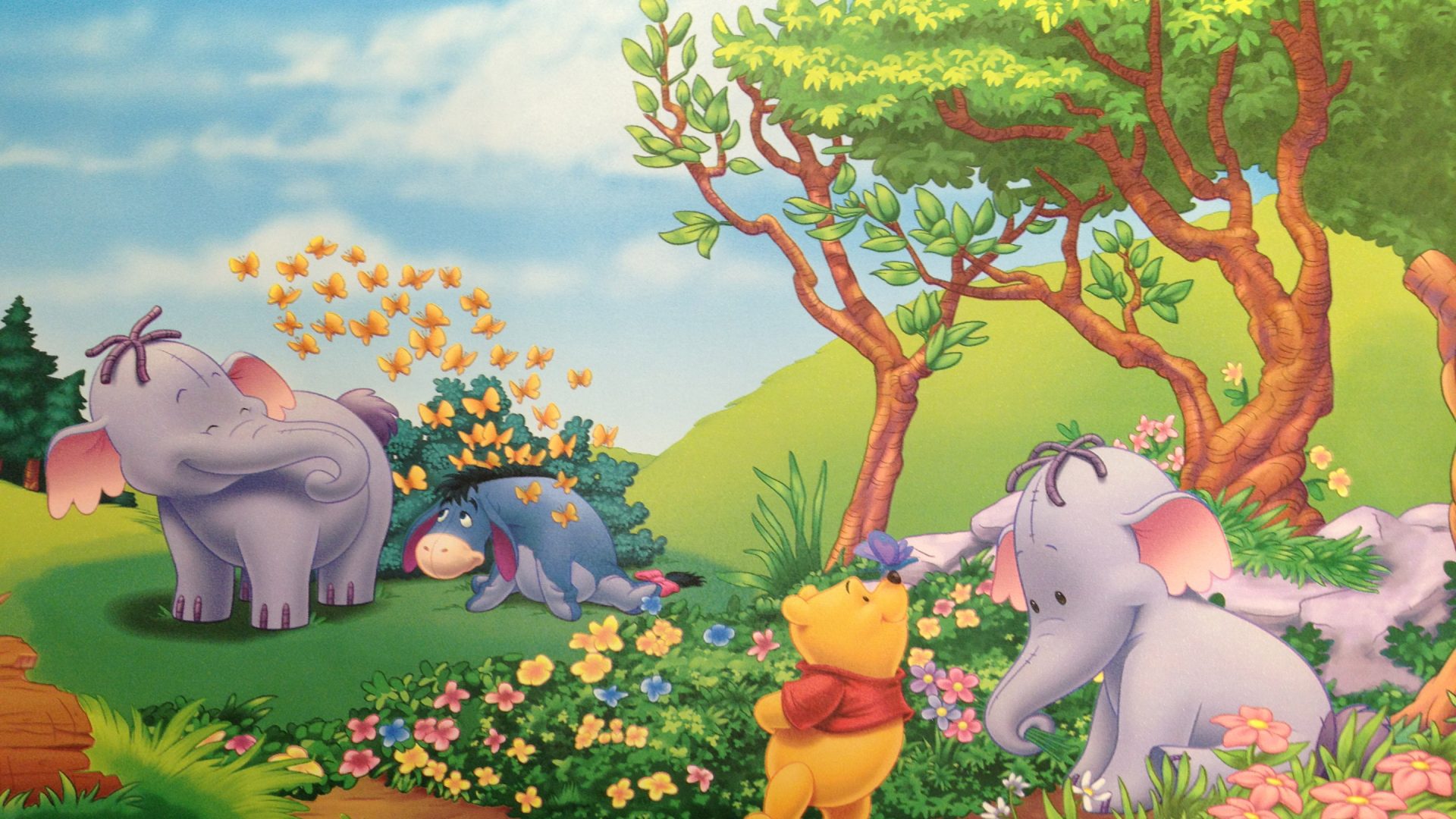 Winnie The Pooh Eeyore And Elephant Heffalump Summer Flowers Butterflies Cartoon Wallpaper HD 2880x1800, Wallpaper13.com