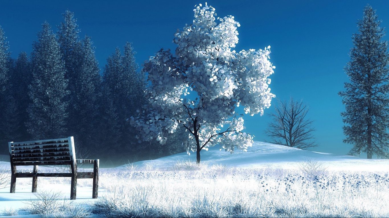 Download wallpaper 1366x768 winter, landscape, nature, snow, bench, trees tablet, laptop HD background