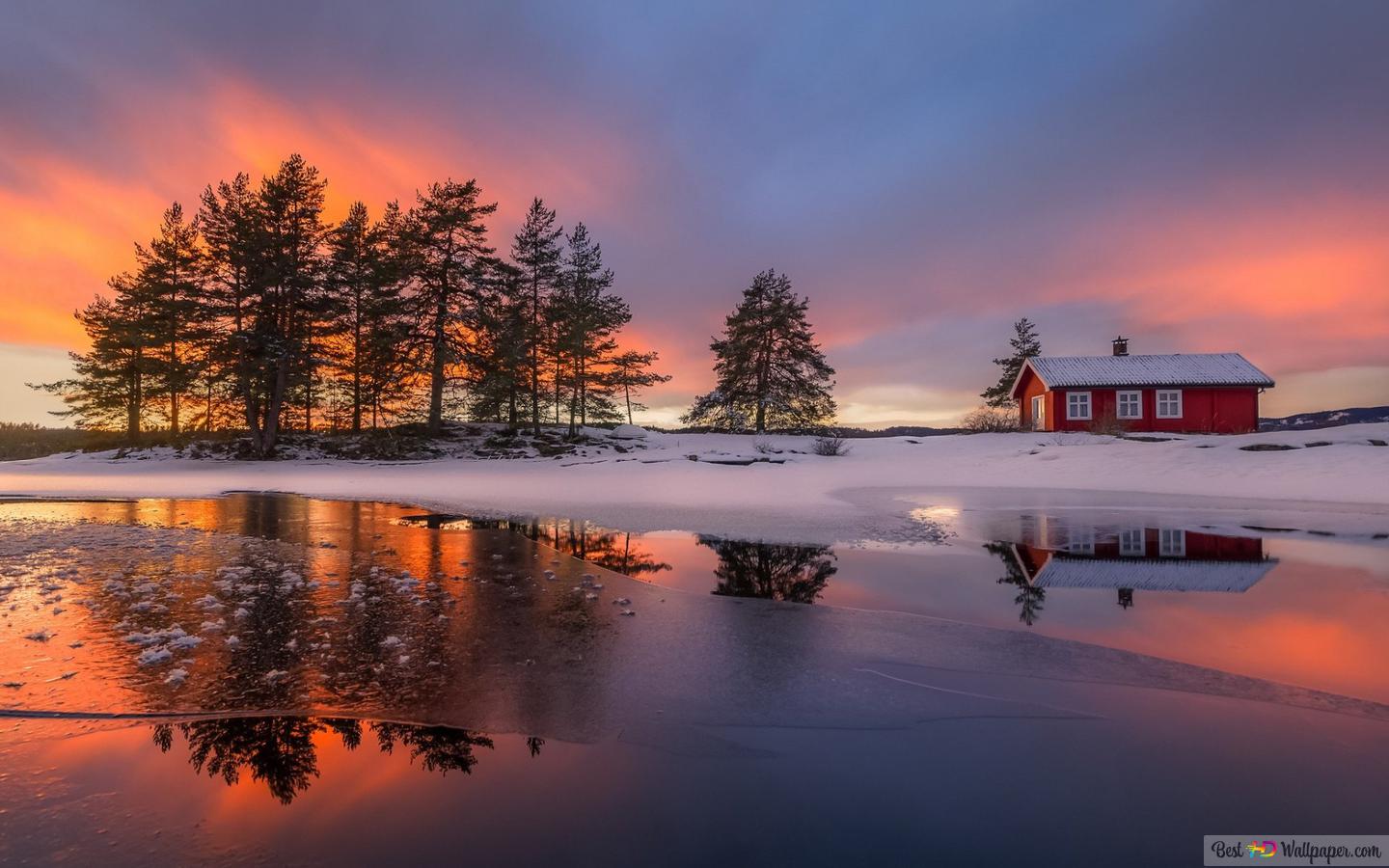 House and nature reflection on winter lake HD wallpaper download