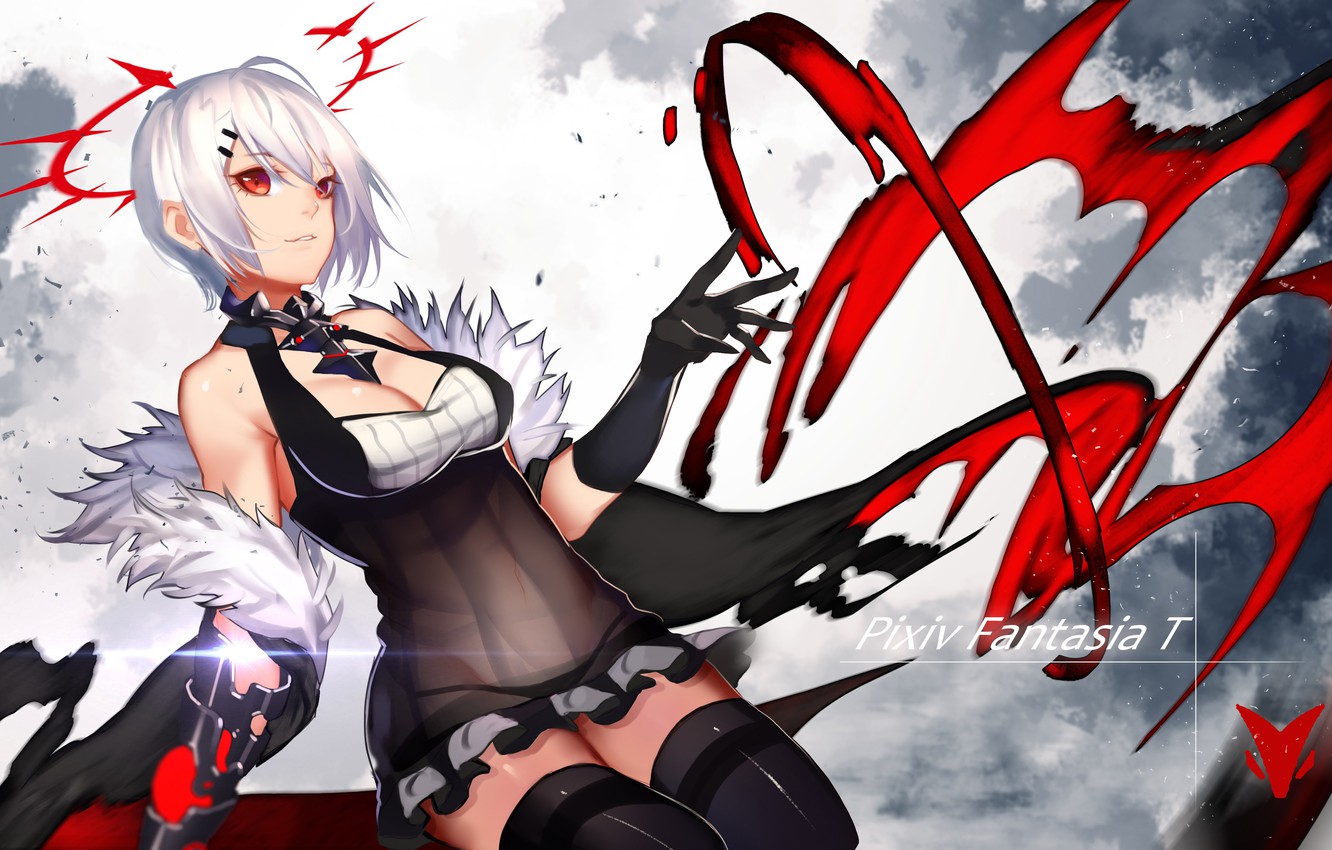 Wallpaper girl, anime, red eyes, oppai, bishojo, Pixiv Fantasia, japonsese image for desktop, section сэйнэн