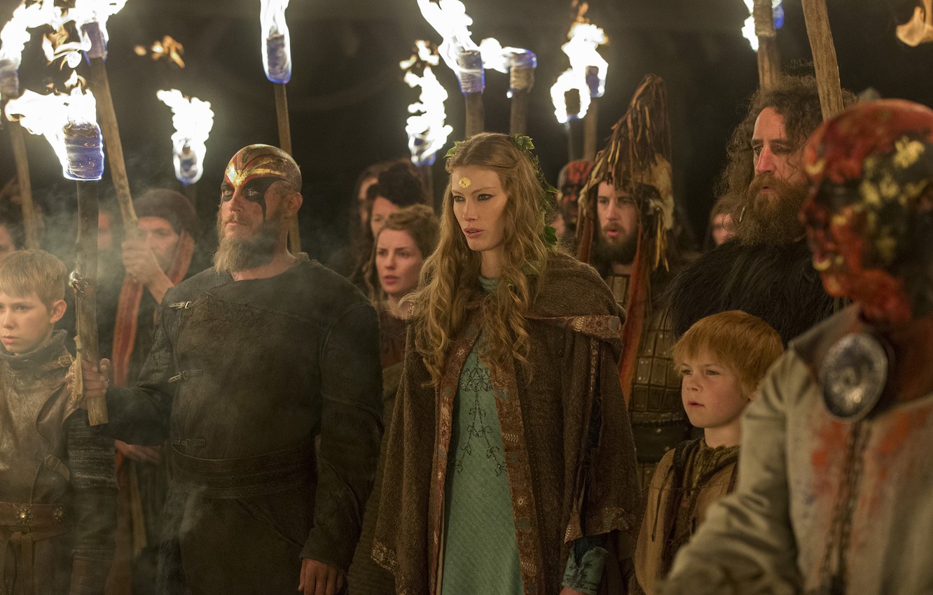 Wallpaper torches, the procession, Vikings, The Vikings, Travis Fimmel, Ragnar Lothbrok, Alyssa Sutherland, Aslaug image for desktop, section фильмы