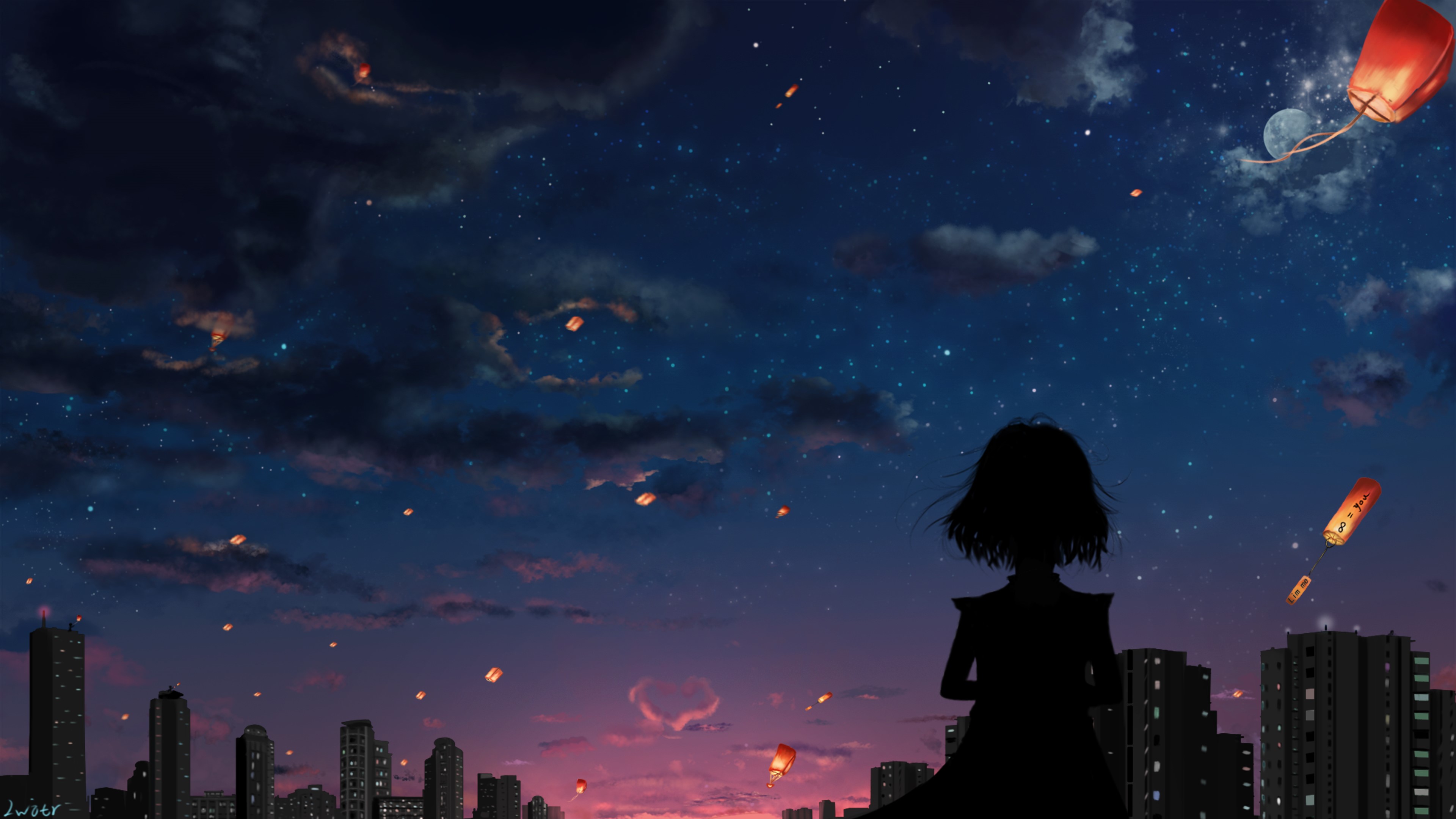 4K, city, anime girls, dark, clouds, sky, anime HD Wallpaper