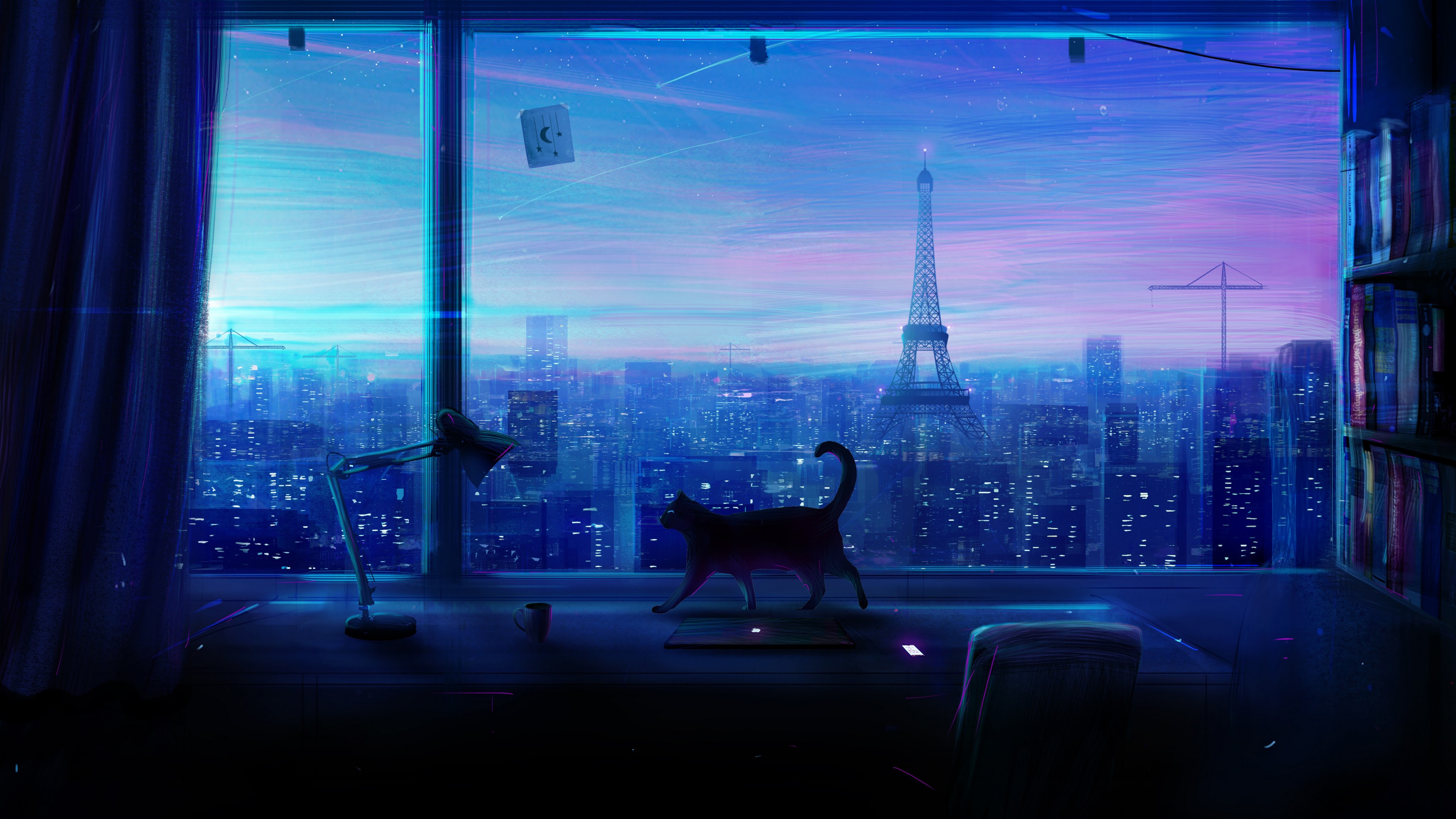 Cat City Night Scenery Anime PC DeskK Wallpaper