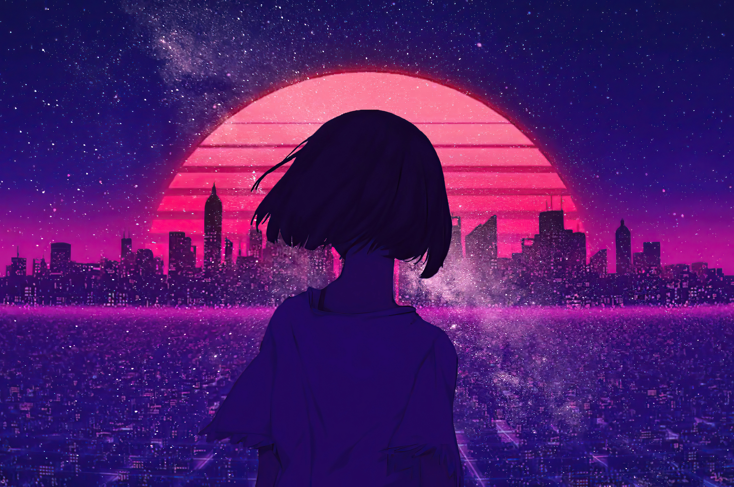 Synthwave Night Sunset Anime Girl 4k Chromebook Pixel HD 4k Wallpapers, Ima...