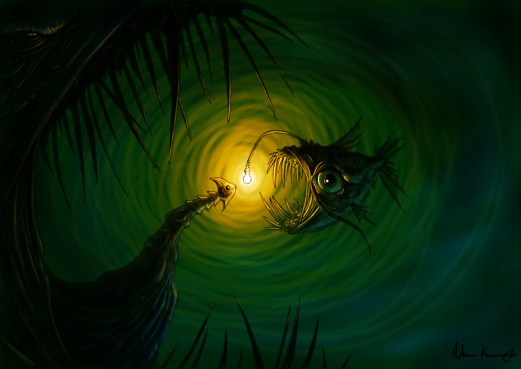 fish, Green, Light, Monster, Creepy, Underwater, Ocean, Sea, Eyes, Dark Wallpaper HD / Desktop and Mobile Background