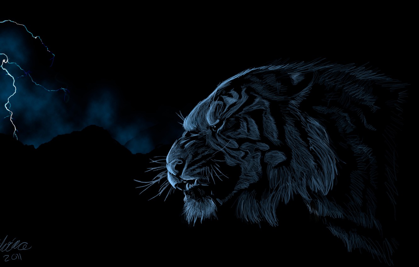 Wallpaper tiger, lightning, predator, head, art image for desktop, section живопись