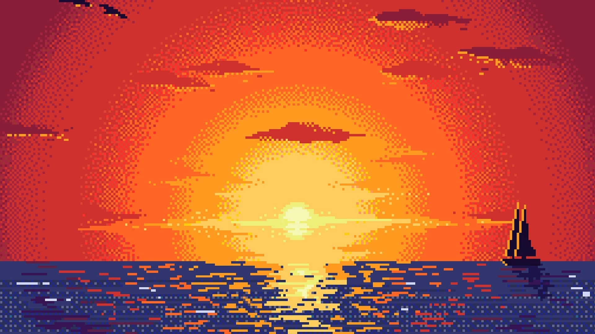 Sunset, pixel art, abstract wallpaper, HD image, picture, background, 0047e2