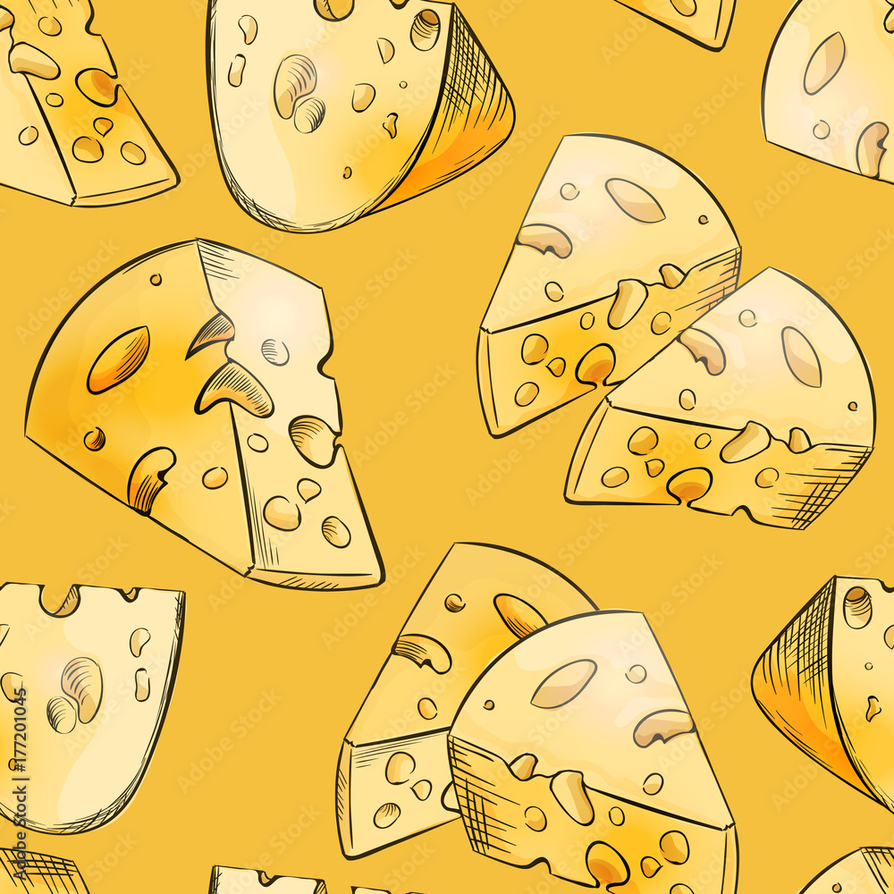 Cheese slices seamless pattern in cartoon style for game design, covering, wrapping and wallpaper for interior of food restaurant. Big pieces of maasdam or swiss type dairy product with holes. Yellow Stock
