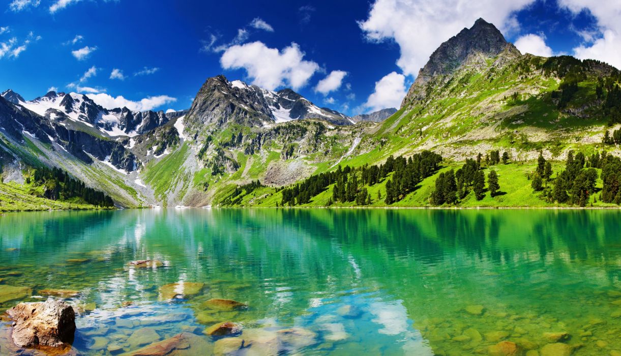 Landscapes lakes mountains stones trees forest green snow sky clouds blue nature beauty relax quiet wallpaperx2800