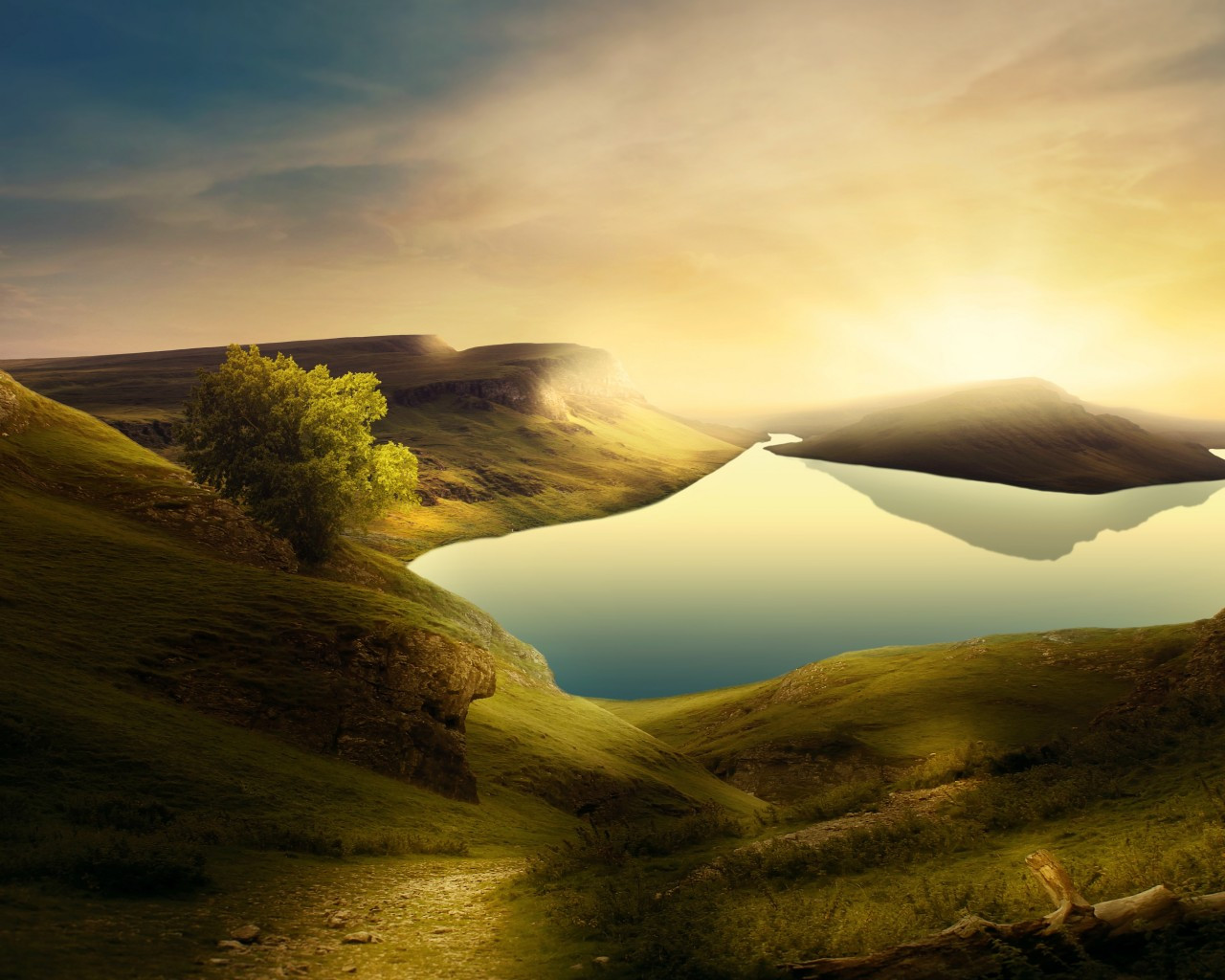 Download 1280x1024 Lake, Scenic, Mood, Relaxing, Sky, Sunset, Mountain, Hills Wallpaper