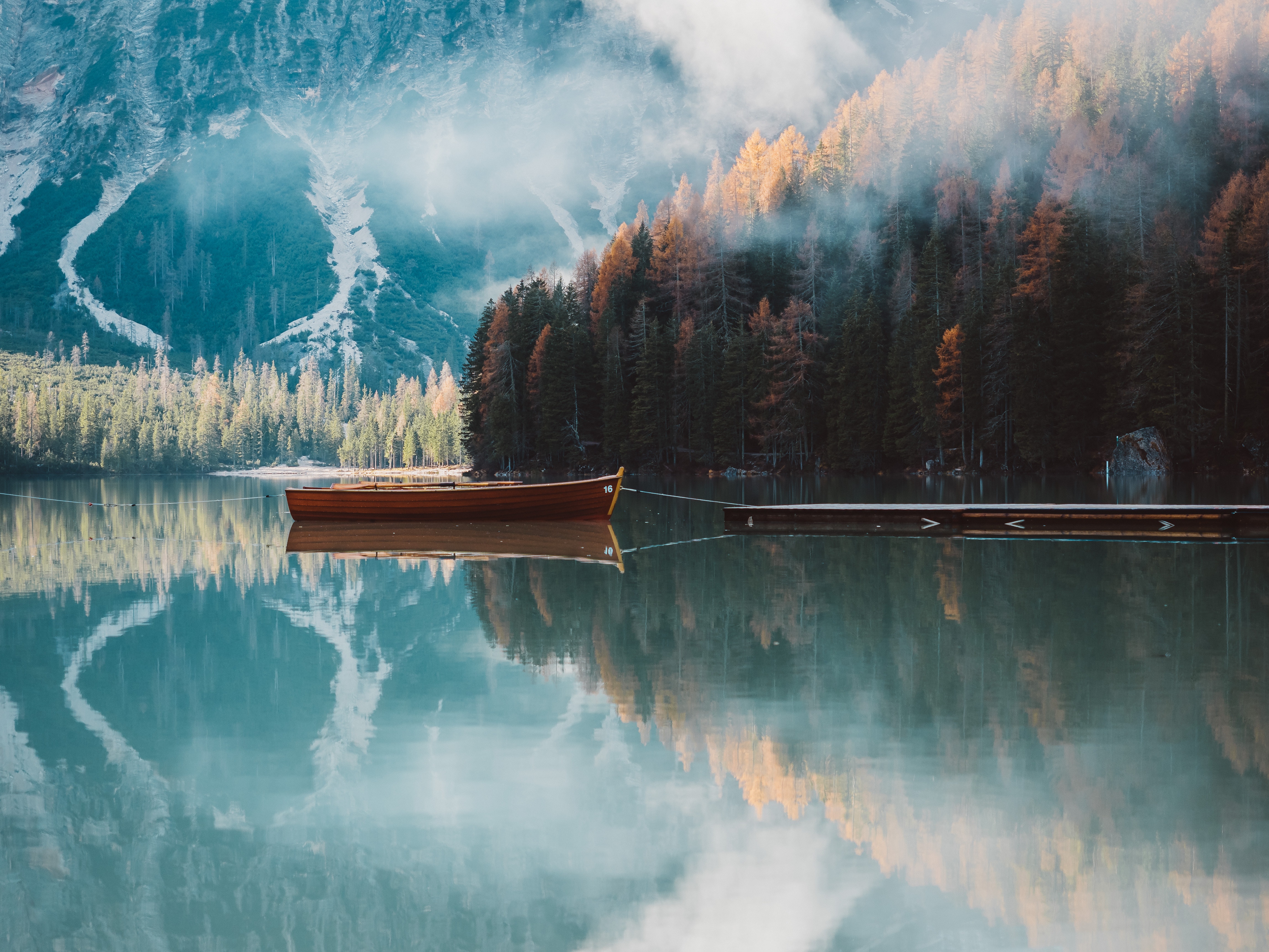 Download wallpaper 4597x3448 boat, mountains, lake, trees, autumn HD background