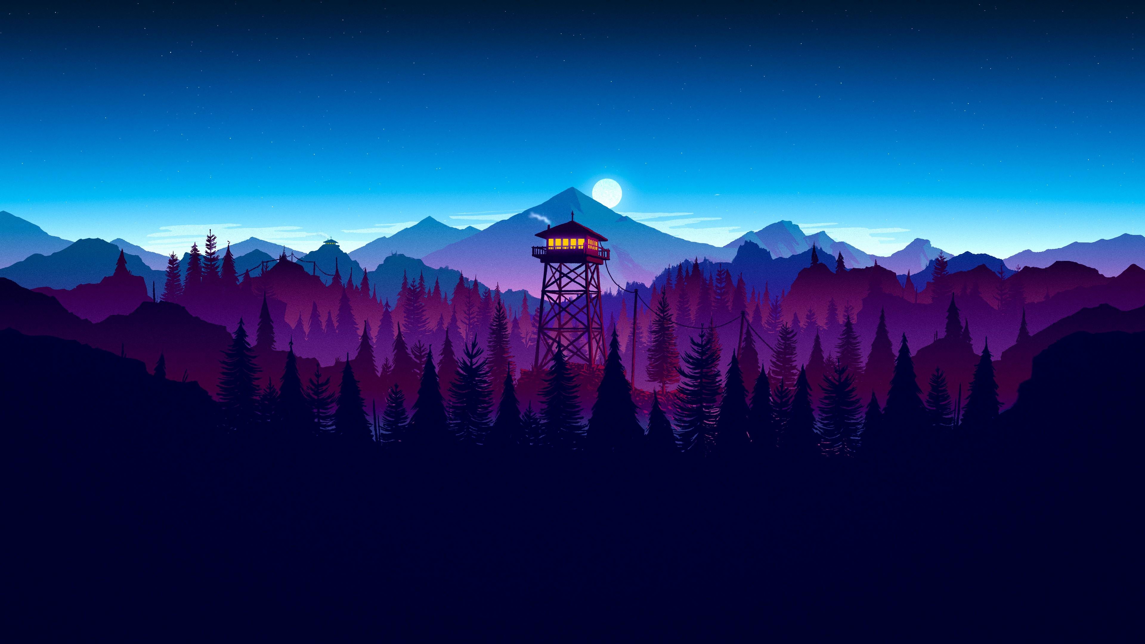 Landscape Mountains Forest Watch Tower Minimalist Minimalism 4K