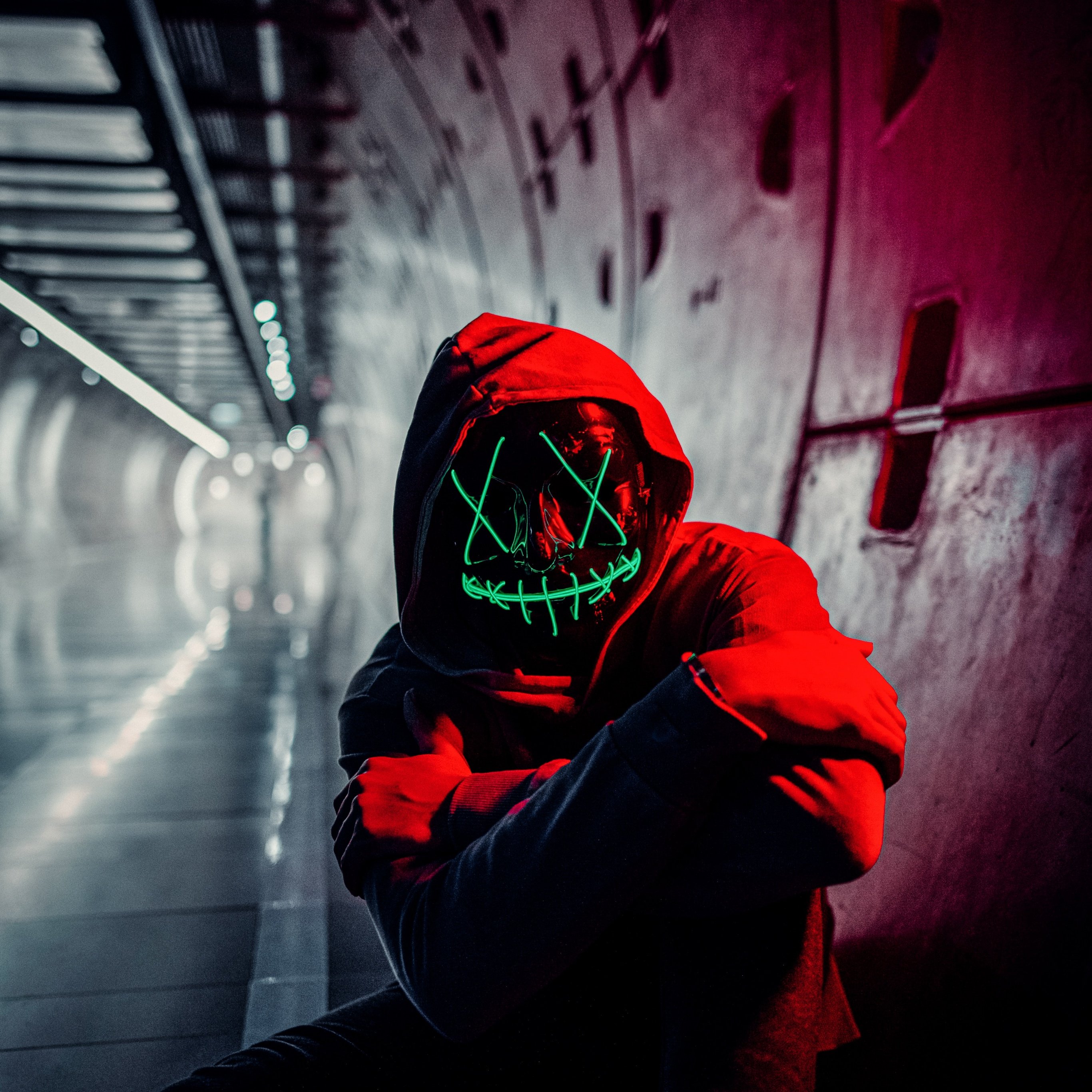 Neon Mask Wallpaper 4K, Red Hoodie, Tunnel, Portrait, Face Mask, People
