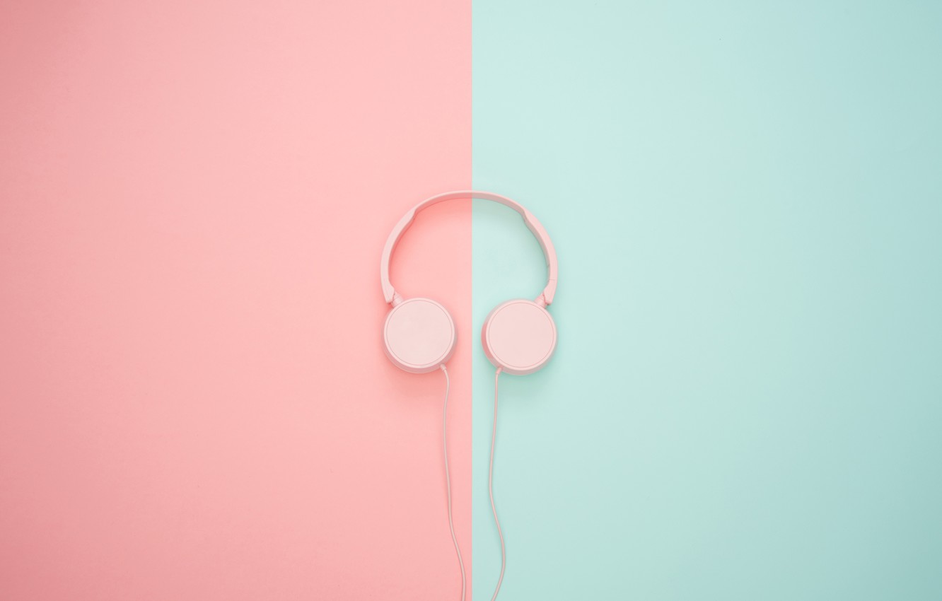 Wallpaper music, background, pink, blue, half, wire, minimalism, headphones, pink, in half image for desktop, section минимализм