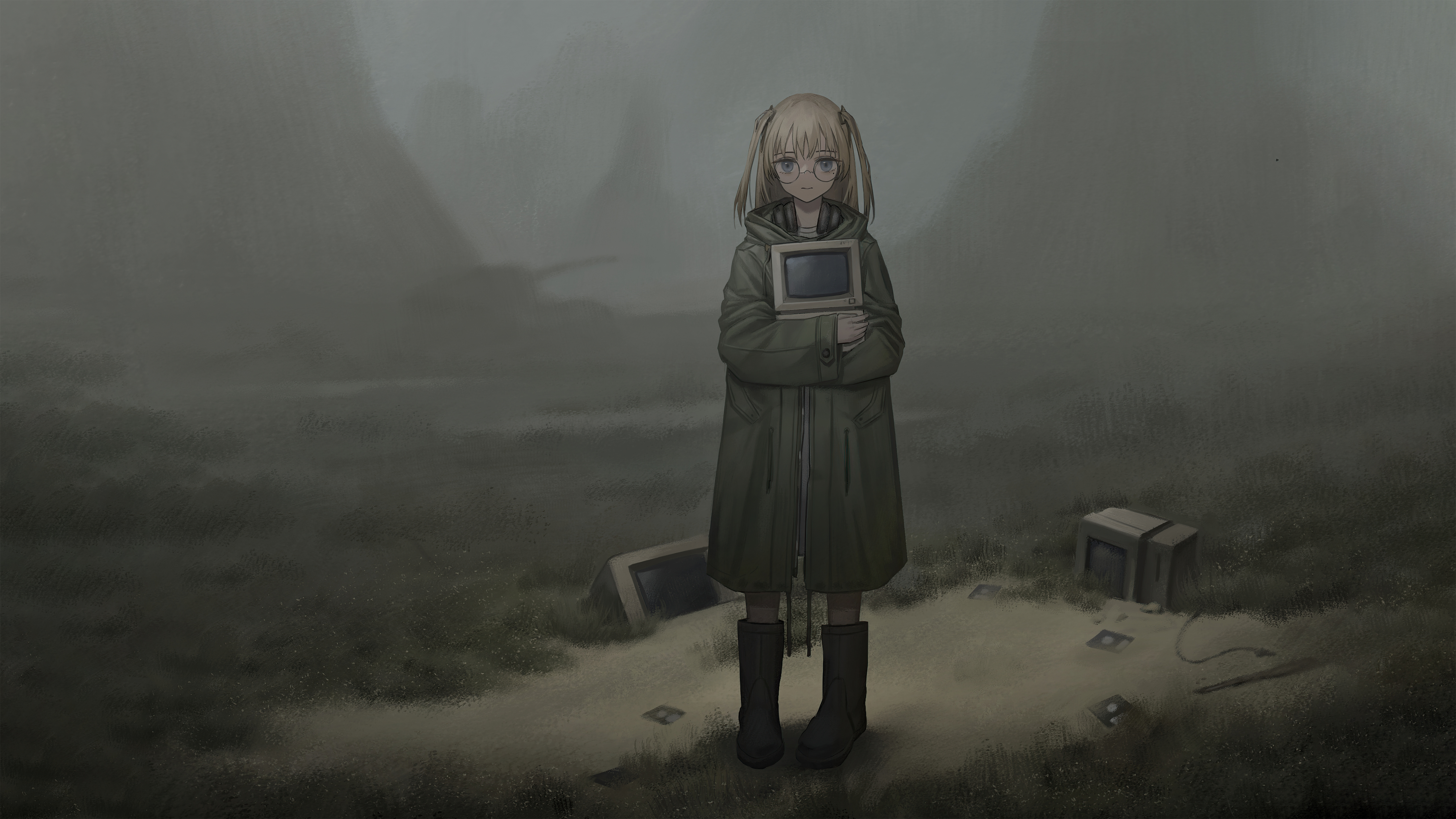 Anime Girl With Old Computer Desktop Walking 5k, HD Anime, 4k Wallpaper, Image, Background, Photo and Picture