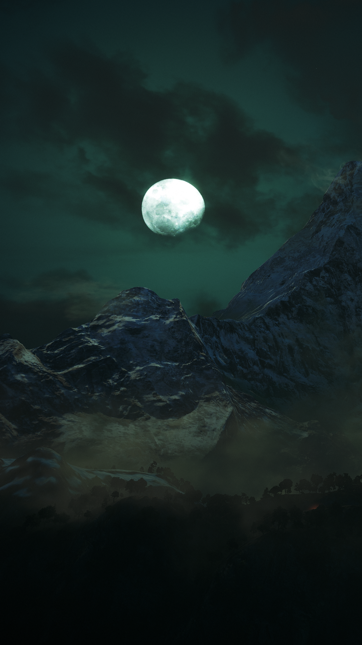 Night Wallpaper 4K, Moon, Mountains, Dark, Forest