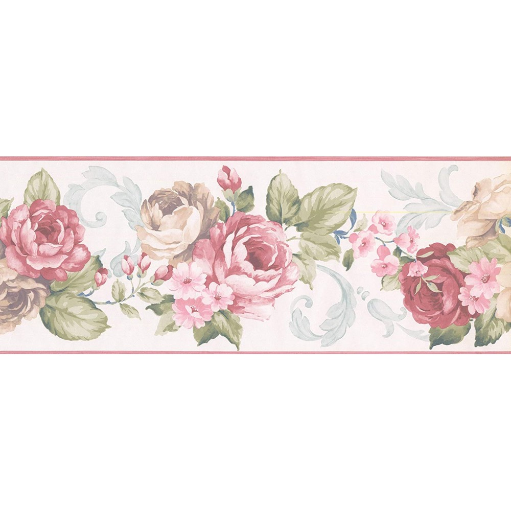 Classic Wallpaper Border, Green Beige Pink, Size 7.5 Inch High