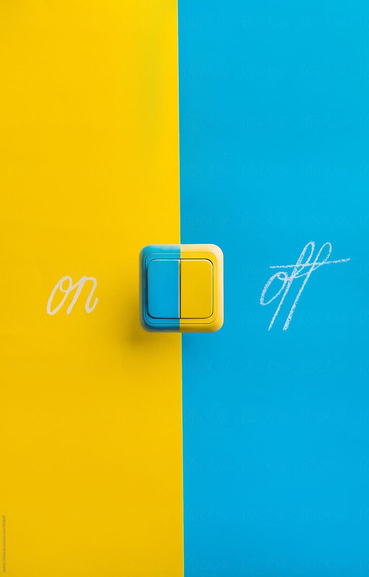 Switch For Turning Light Or Device ON Or OFF On Yellow And Blue Background. by Audrey Shtecinjo. Blue wallpaper iphone, Blue background, Yellow aesthetic