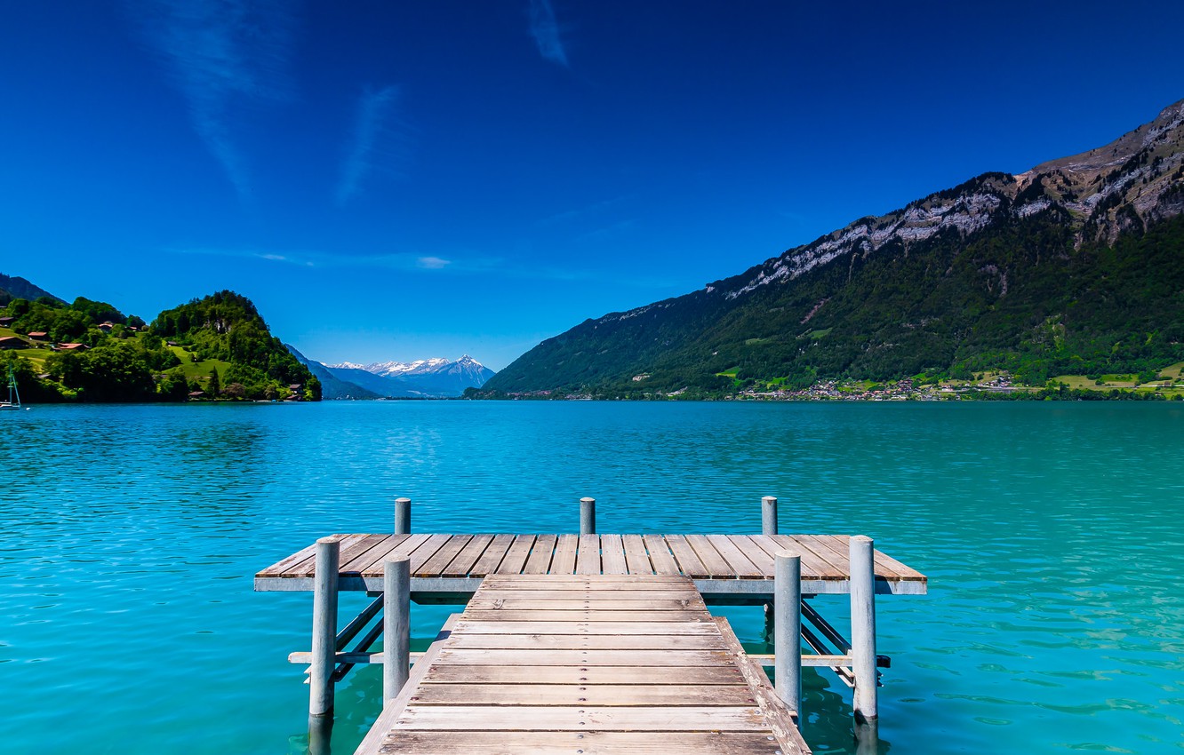 Wallpaper mountains, lake, relax, calm, Switzerland, the bridge, Iseltwald image for desktop, section пейзажи