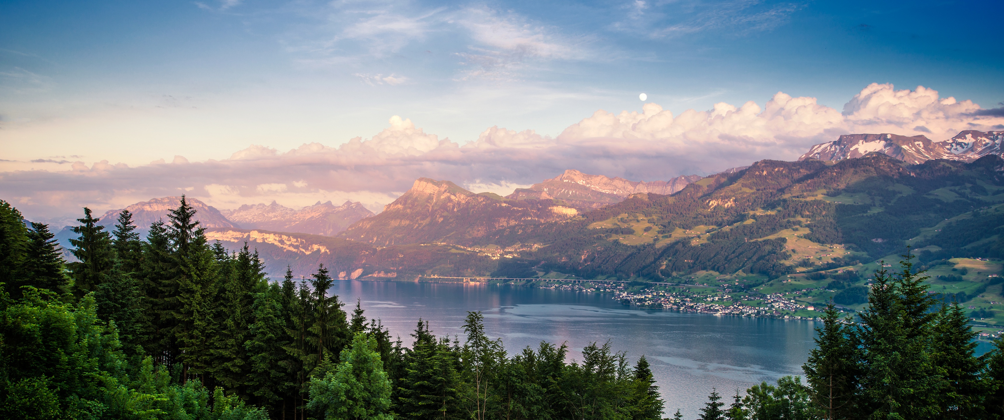 Lake Zurich Wallpaper 4K, Switzerland, Landscape, Green Trees, Nature