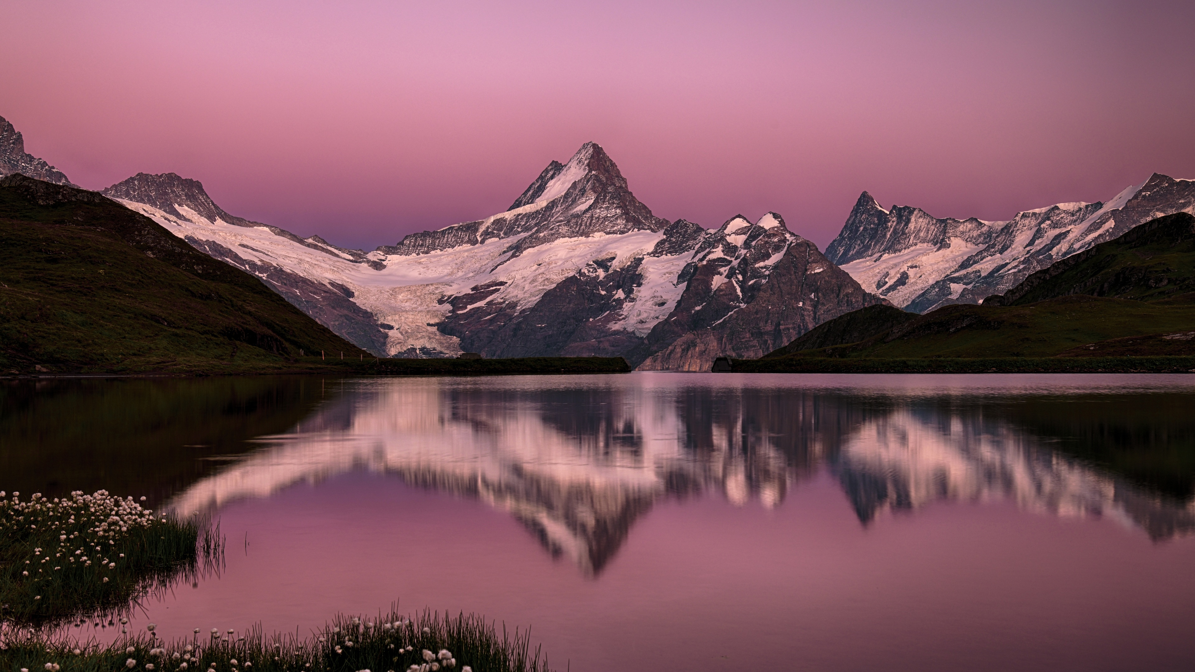 Bachalpsee Lake Wallpaper 4K, Switzerland, Swiss Alps, Pink sky, Snow covered, Nature