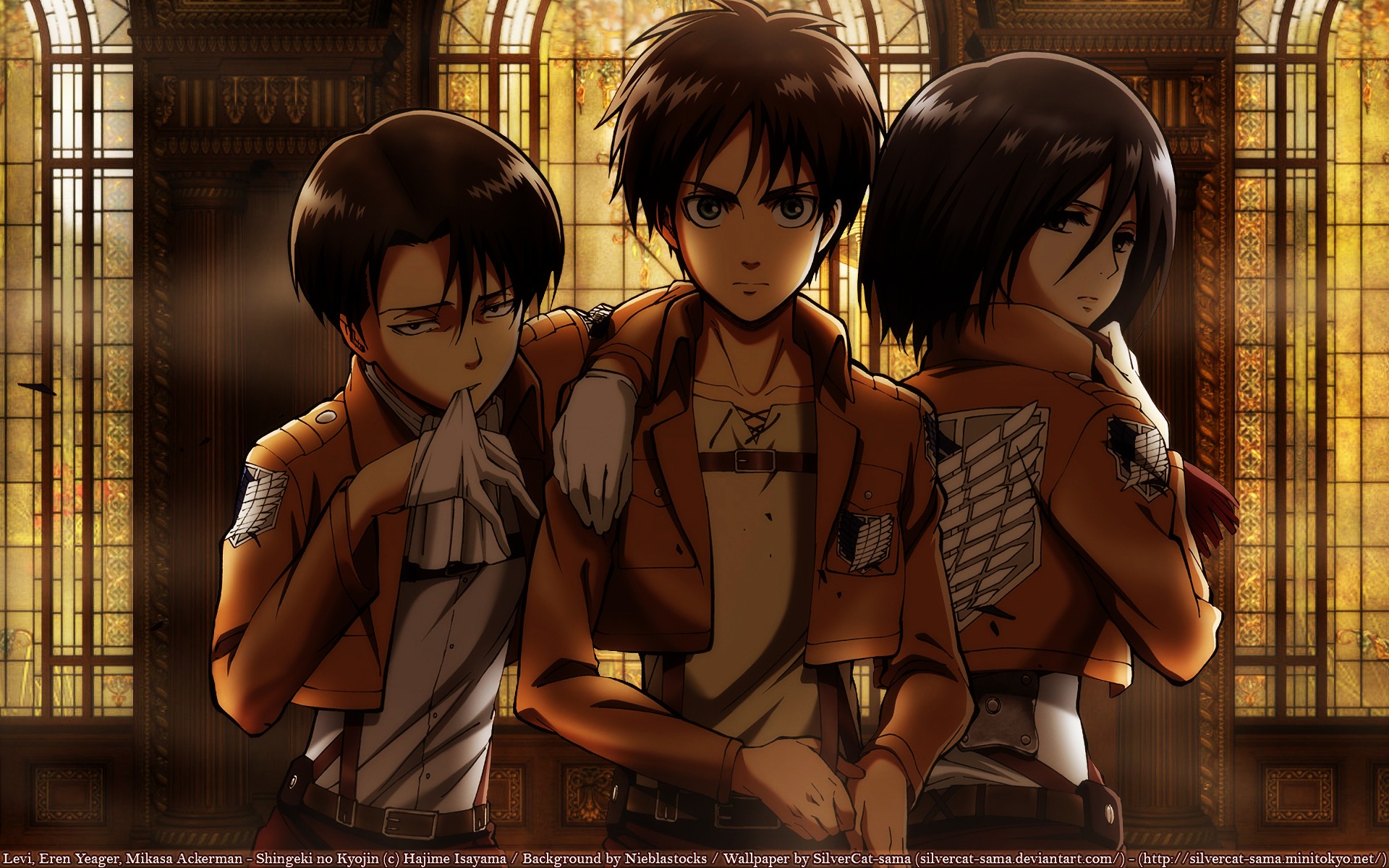 Download wallpaper from anime Attack On Titan with tags: Windows Eren Yeager, Mikasa Ackerman, Levi Ackerman
