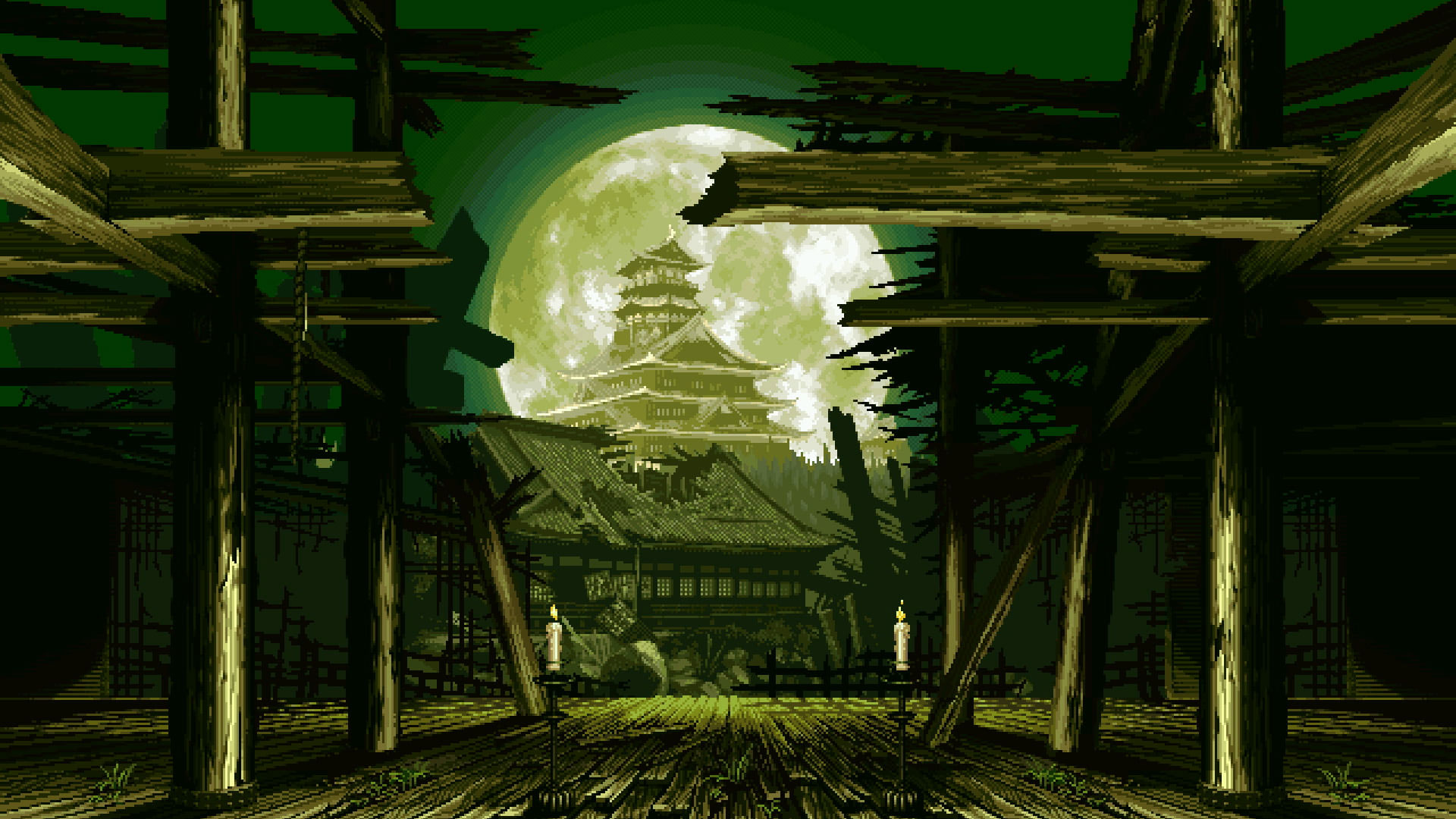 Temple With Full Moon Digital Wallpaper, Digital Art, Pixel Art • Wallpaper For You